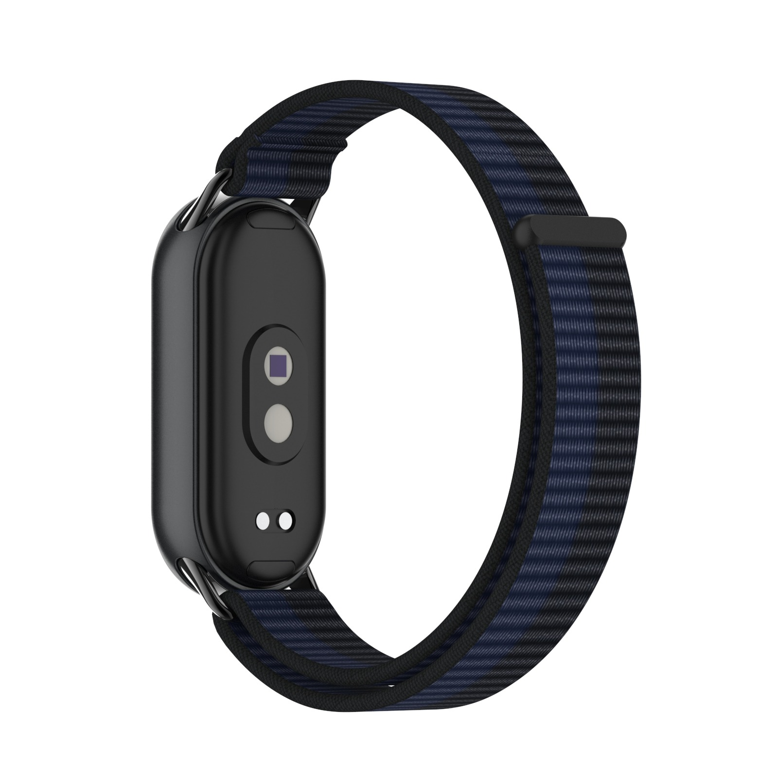 Smartwatch und ein dunkelblaues Uhrenarmband. Die Rückseite der Uhr hat zwei Sensoren.