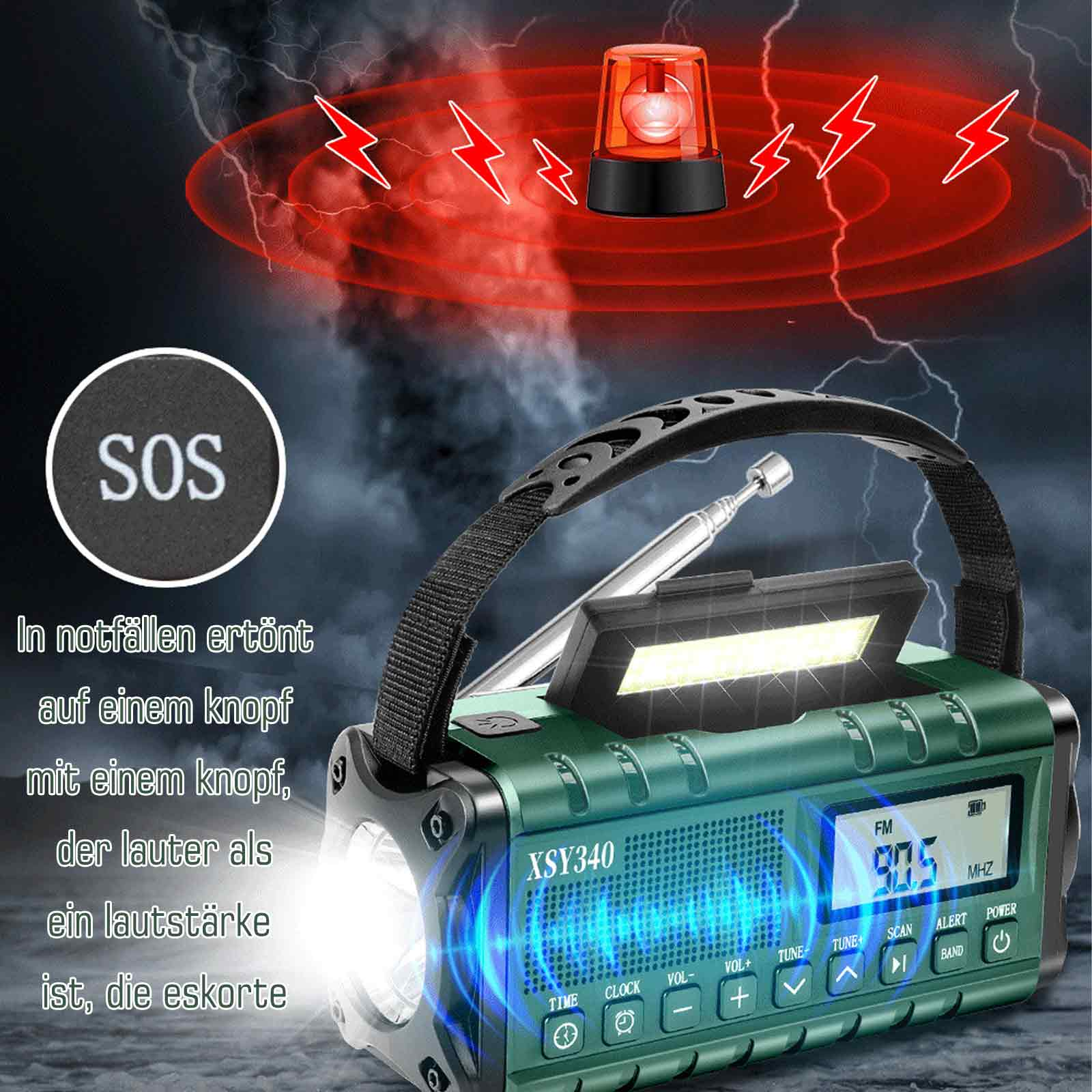 Ein grünes Radio mit Taschenlampe und Antenne wird mit einem SOS-Symbol, Blitzen und einem roten Notlicht gezeigt.