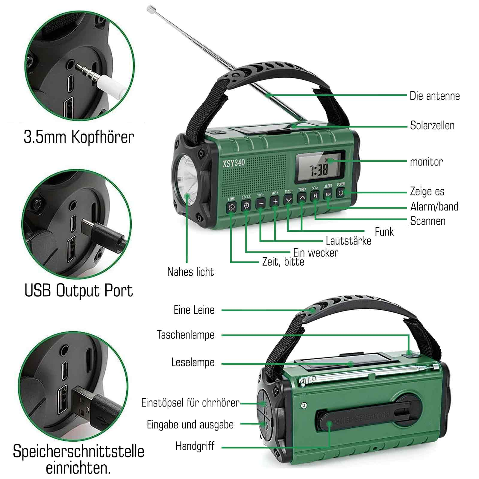 Das Bild zeigt ein grünes Radio mit beschrifteten Funktionen wie Taschenlampe, Antenne, USB-Anschluss und Solarzellen.