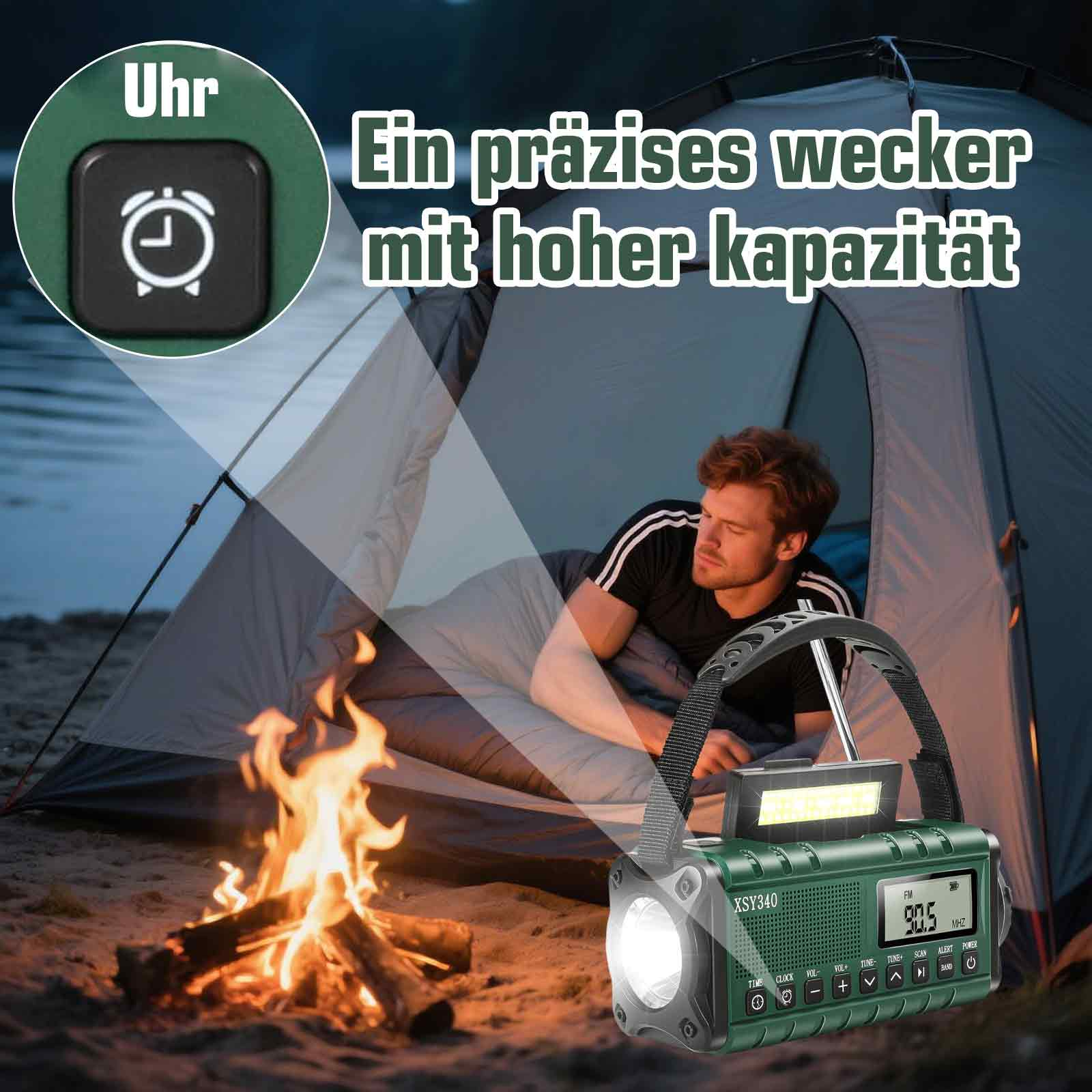 Ein grünes Radio mit Taschenlampe steht vor einem Zelt, in dem sich eine Person befindet, die von einem Lagerfeuer beleuchtet wird.