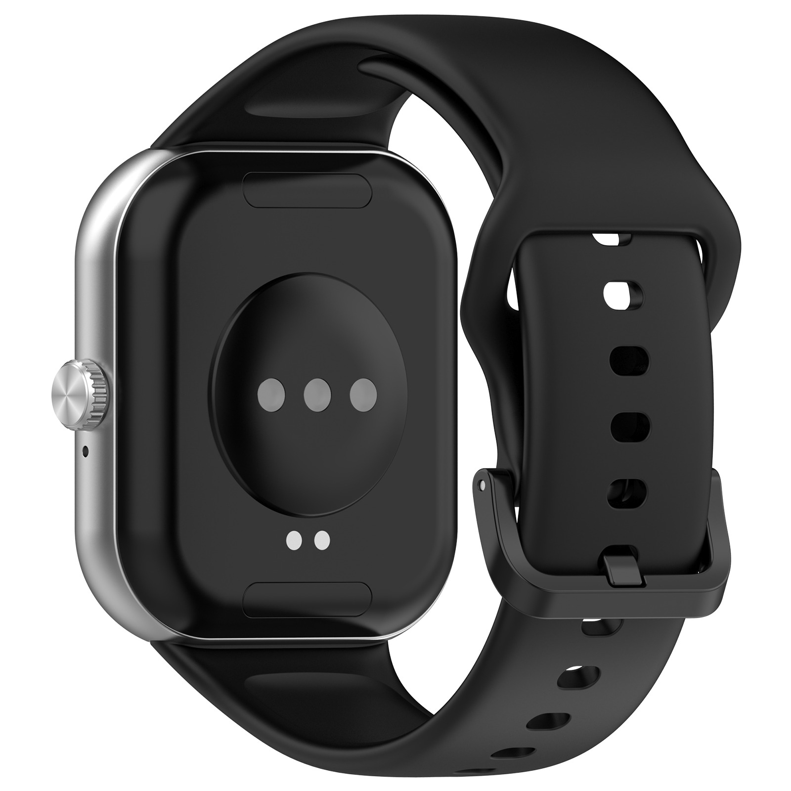 Smartwatch nero, vista posteriore, con cornice argentata e cinturino nero.
