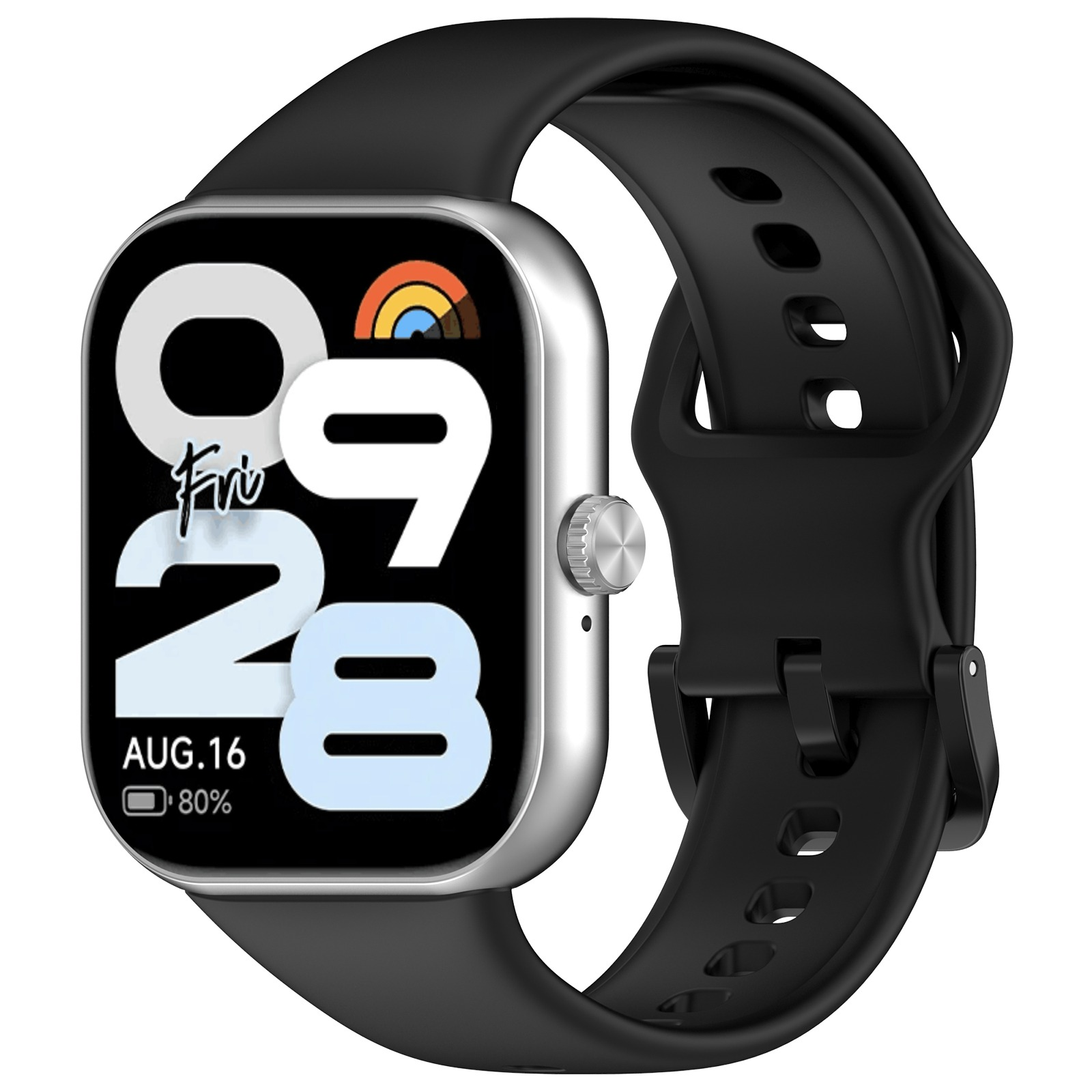 Smartwatch nero, quadrante con data, ora e batteria, cinturino nero, cornice argento.