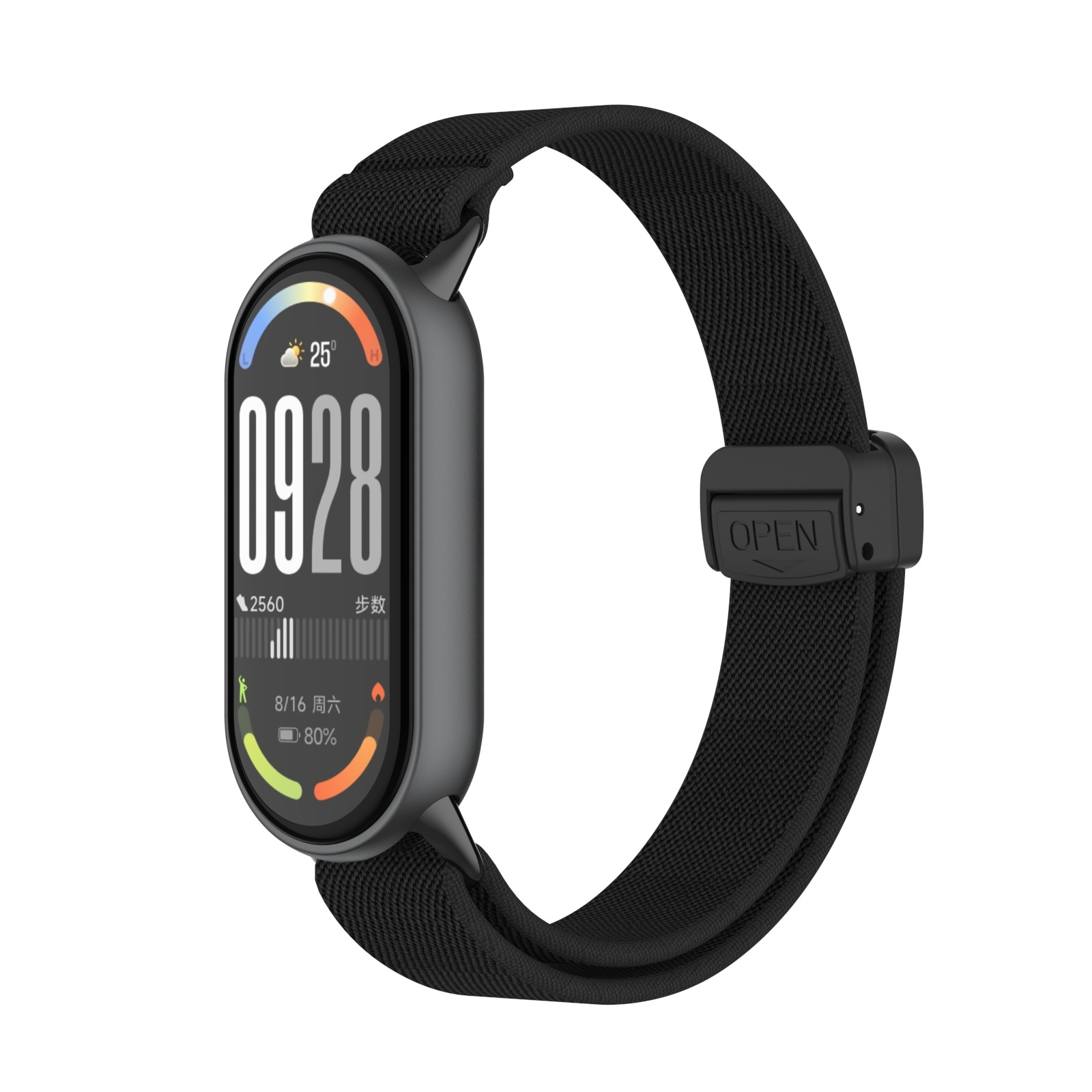 Smartwatch con cinturino nero che mostra data e ora. Il cinturino è nero, il quadrante nero, bianco e arancione.