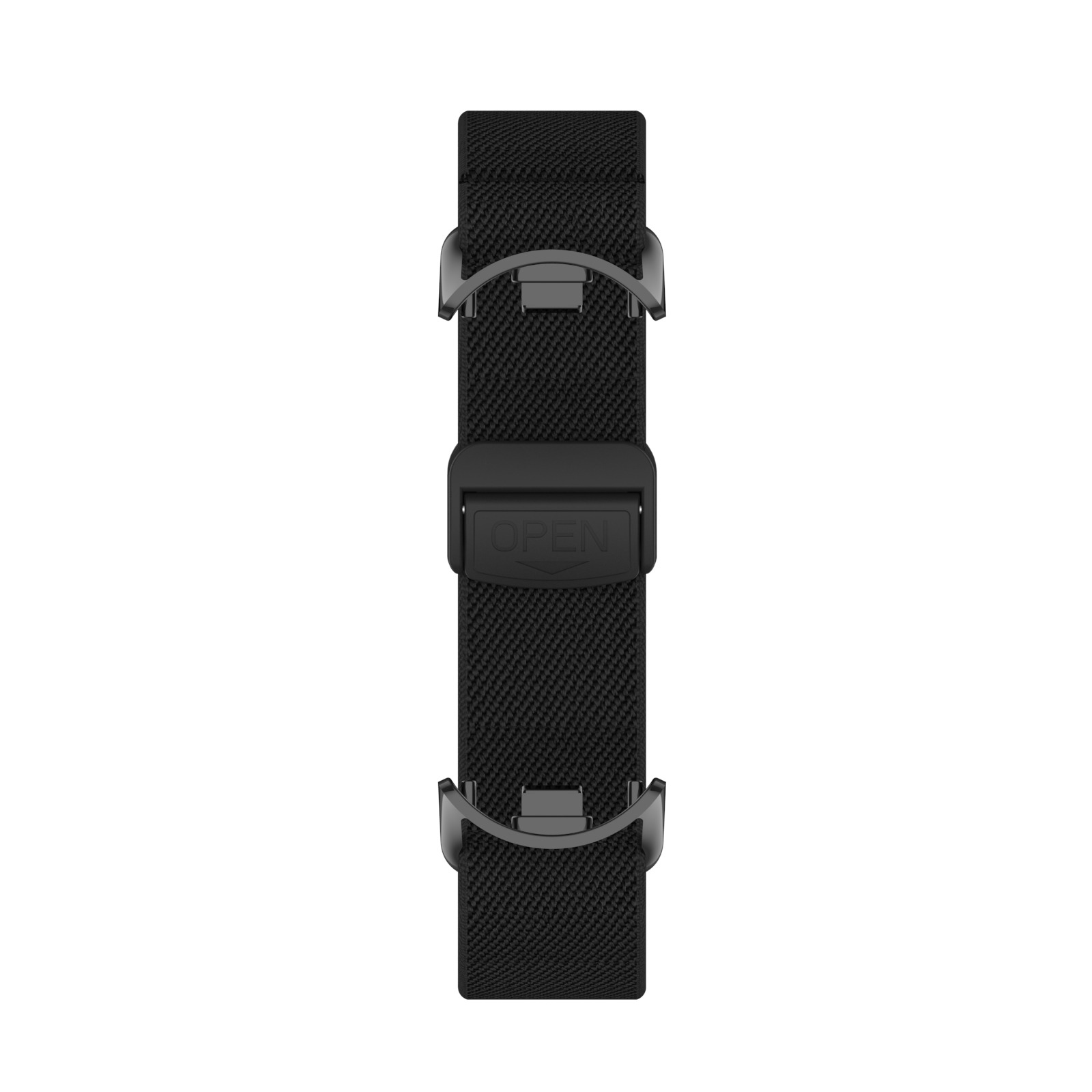 Cinturino nero per smartwatch con chiusura. Il cinturino è realizzato in materiale elastico intrecciato. La chiusura ha la scritta open.