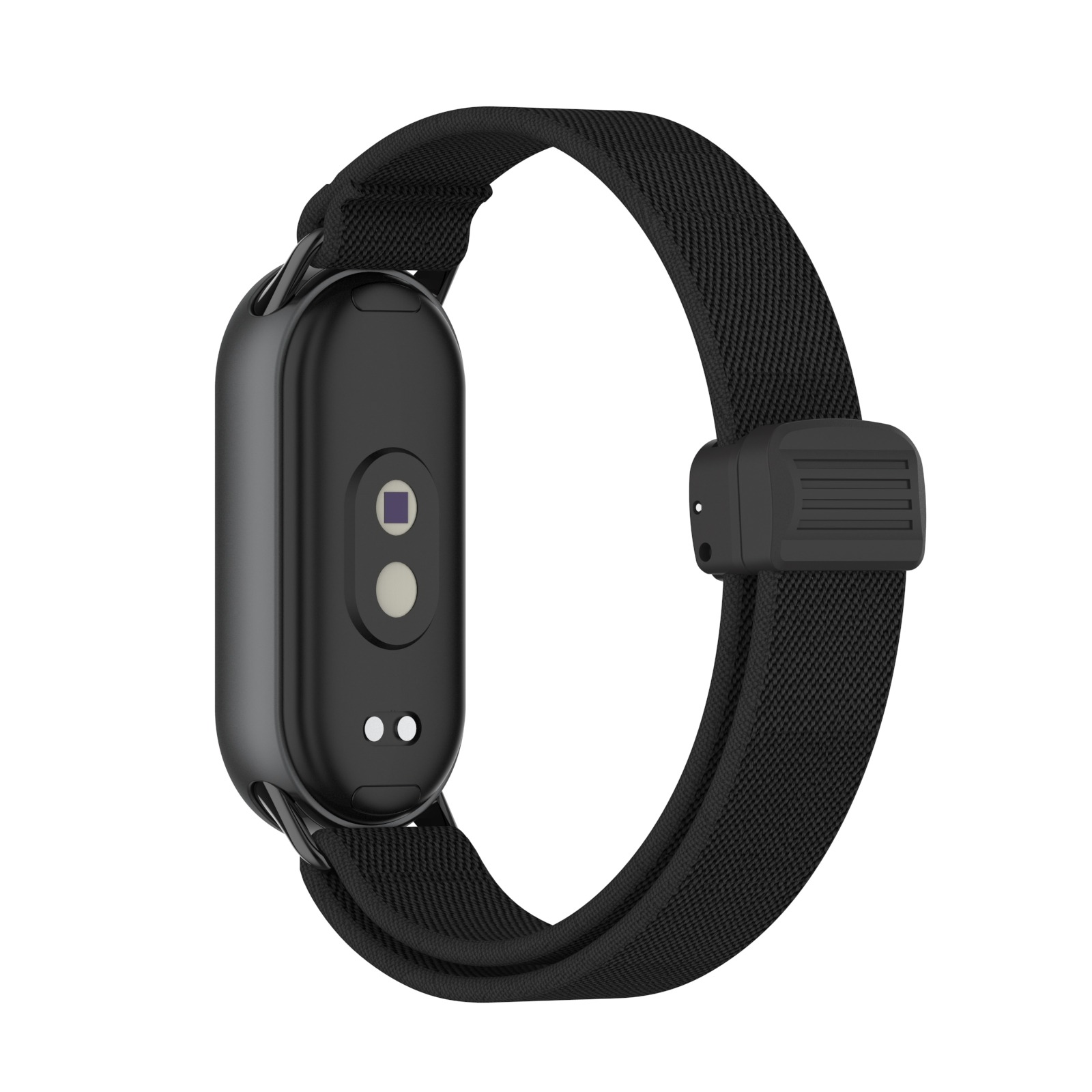 Cinturino nero per smartwatch che mostra il retro dello smartwatch. Il cinturino è nero, l'orologio è nero.