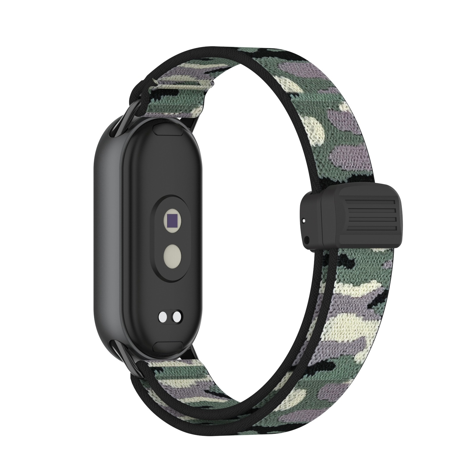 Smartwatch con quadrante grigio e cinturino mimetico, vista posteriore su bianco.