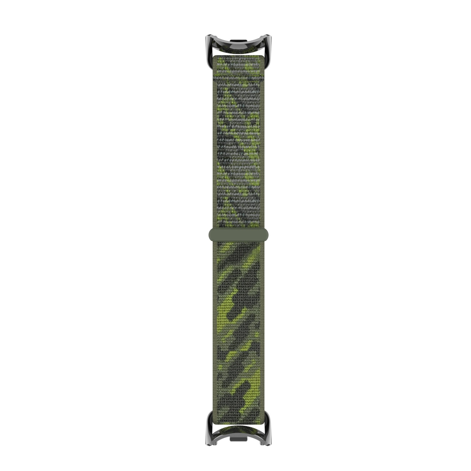 Grünes Camo-Uhrenarmband mit schwarzen Verschlüssen und einer grünen Schlaufe auf Weiß.