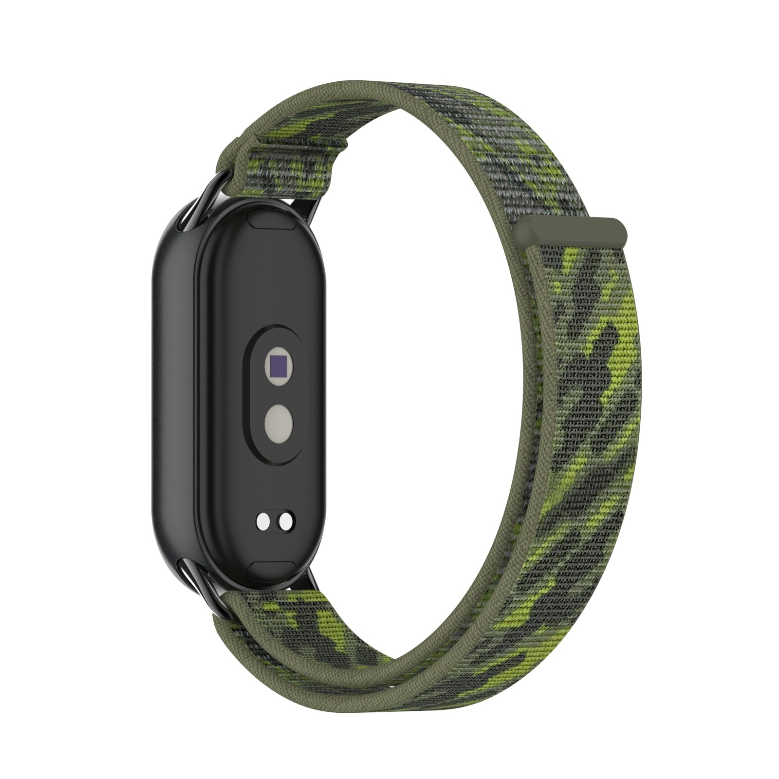 Smartwatch mit grauem Zifferblatt und grünem Camo-Armband, Rückansicht auf Weiß.