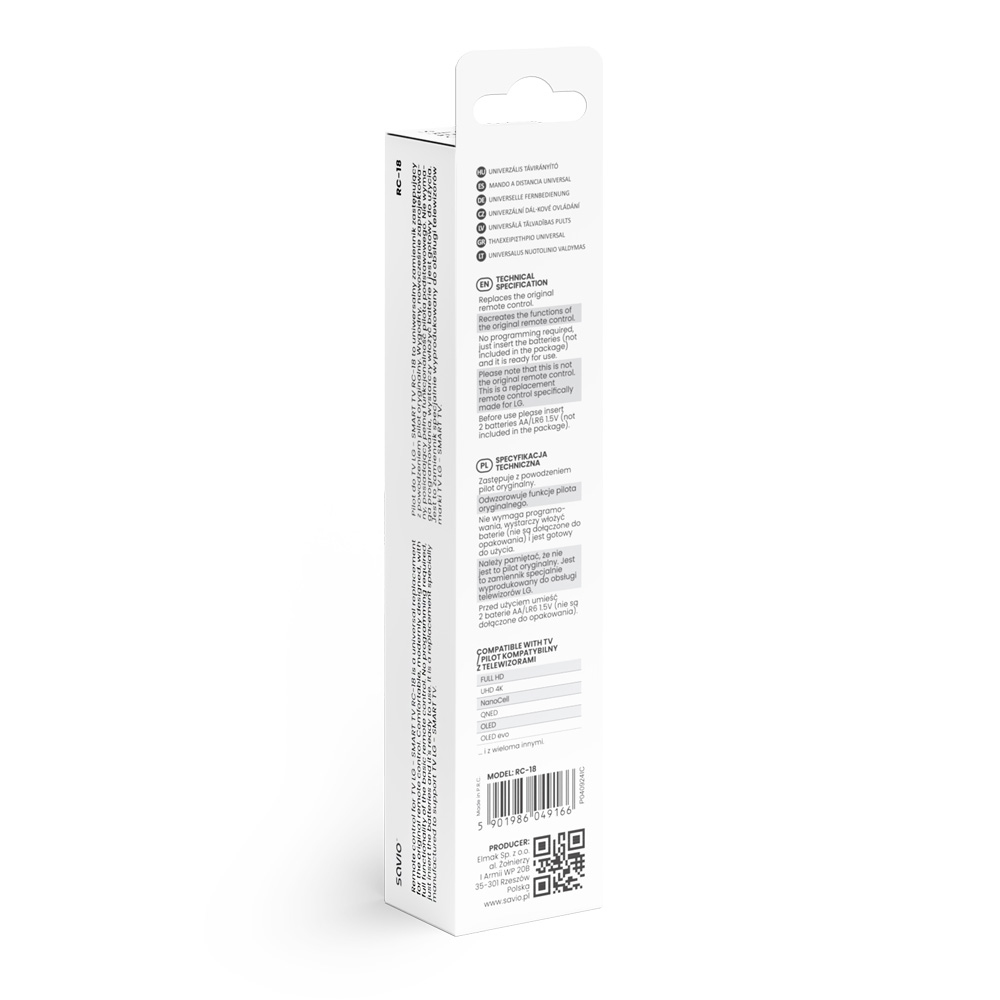 Pudełko opakowaniowe do uniwersalnego pilota, z tekstem i specyfikacją techniczną.