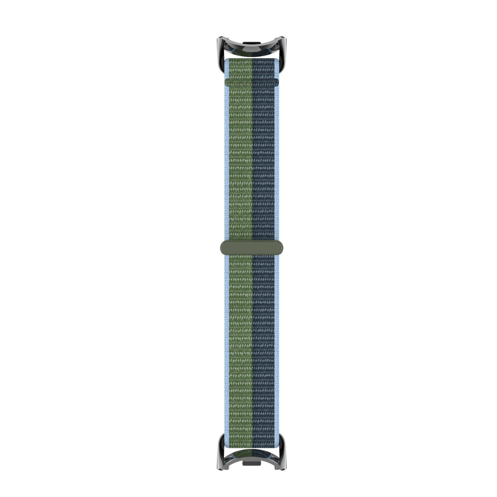 Ein gestreiftes blau-grünes Uhrenarmband mit Metallverschlüssen auf weißem Hintergrund.