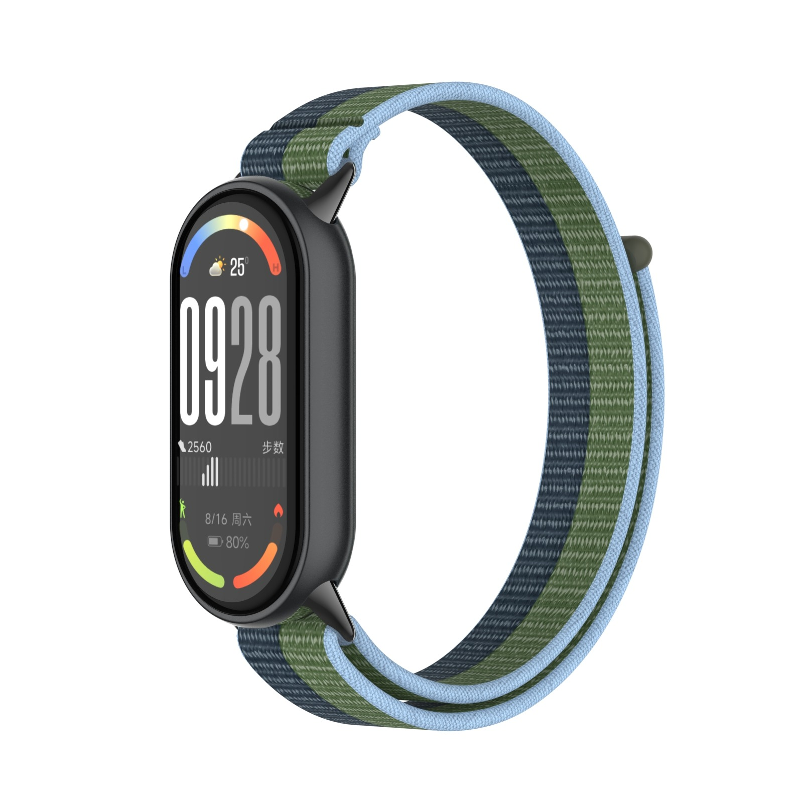 Eine schwarze Smartwatch mit einem gestreiften blau-grünen Armband, die Uhrzeit und Datum anzeigt.