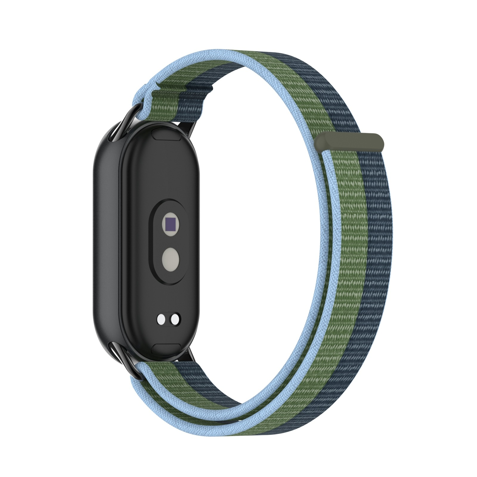 Eine schwarze Smartwatch mit einem gestreiften blau-grünen Armband, die die Rückseite der Uhr zeigt.