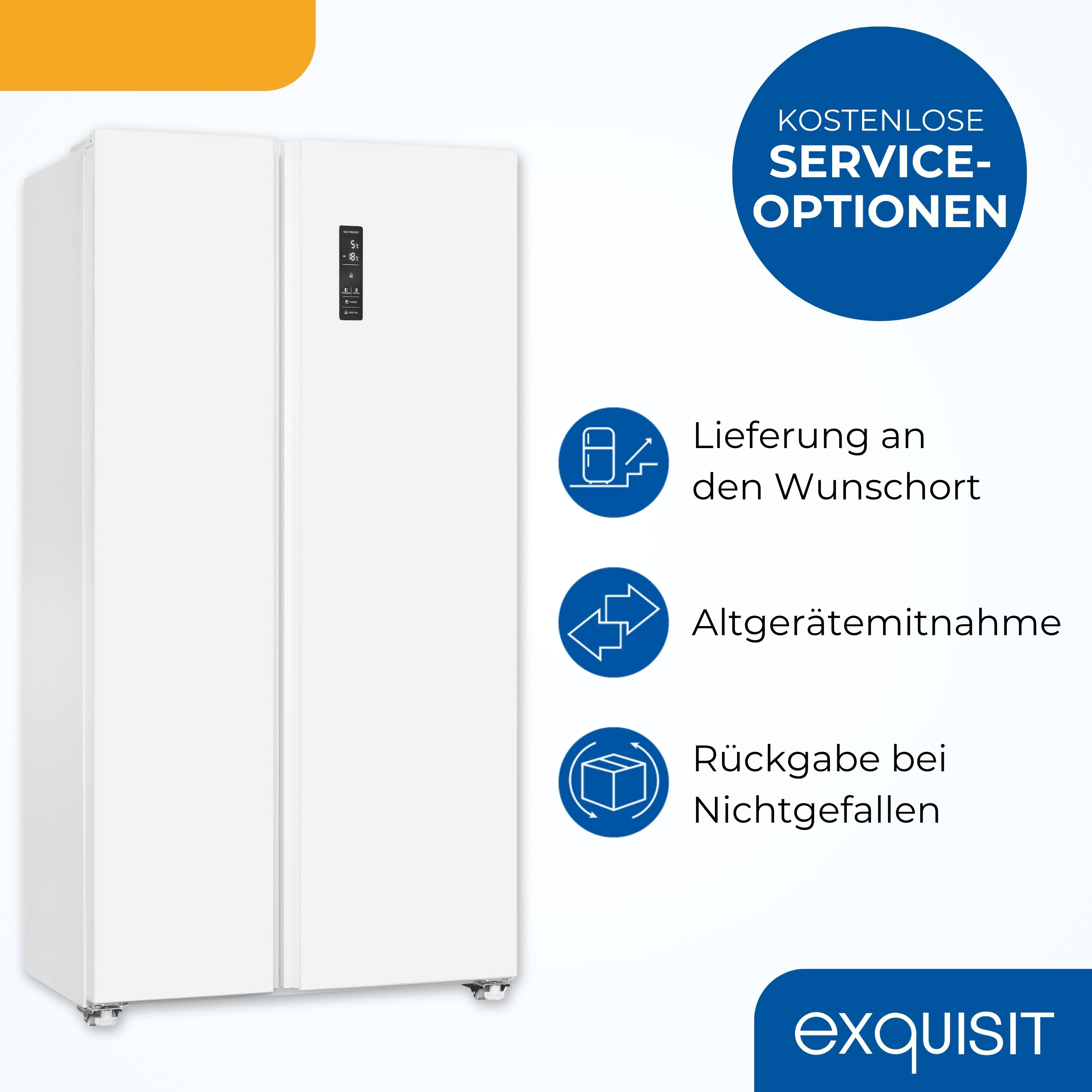 Weißer Kühlschrank mit Serviceoptionen, die auf einer blauen Grafik auf Deutsch aufgeführt sind.