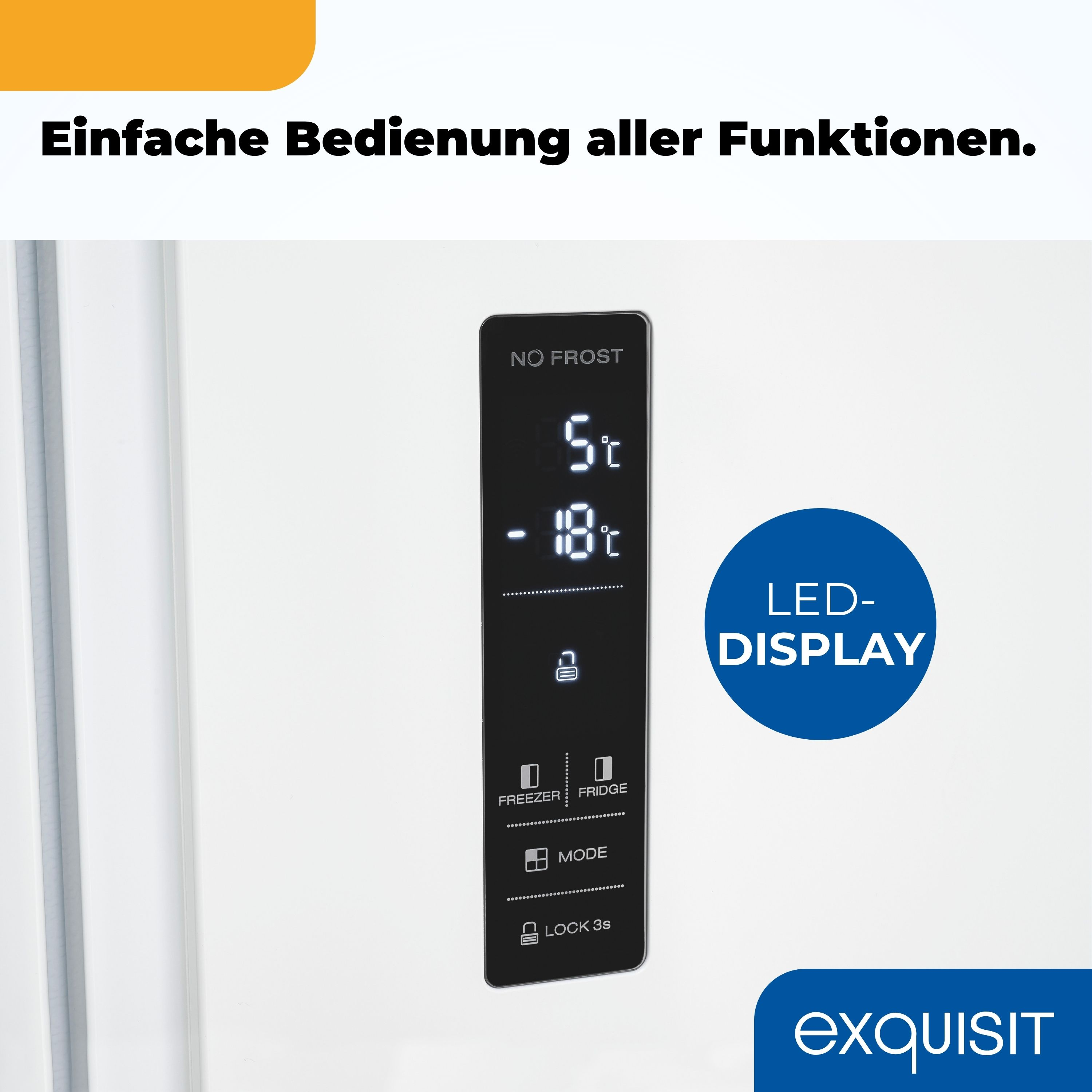 Nahaufnahme des LED-Displays eines Kühlschranks mit deutschem Text zur einfachen Bedienung.