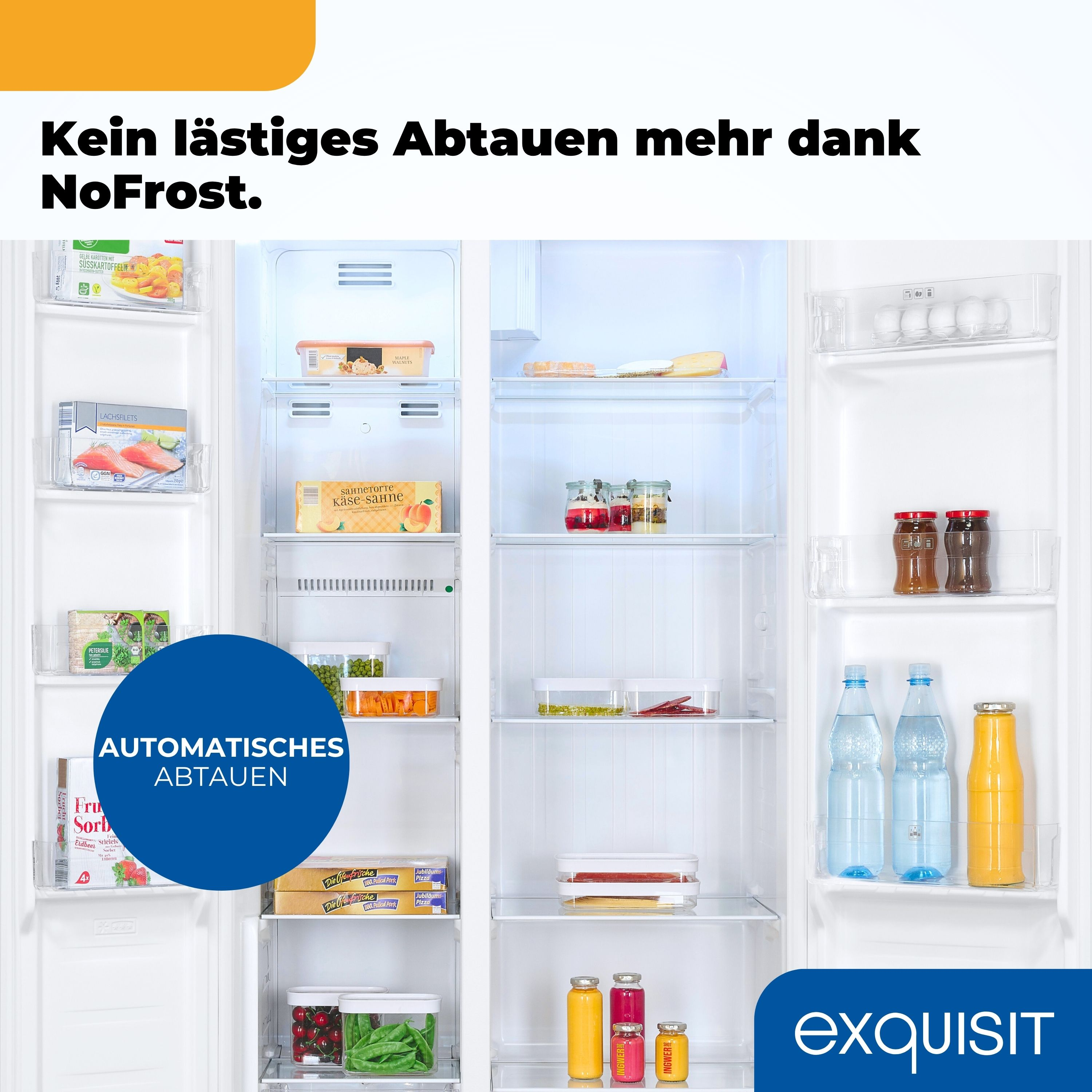 Inneres eines Kühlschranks, Regale mit verschiedenen Lebensmitteln und Getränken. NoFrost-Funktion.
