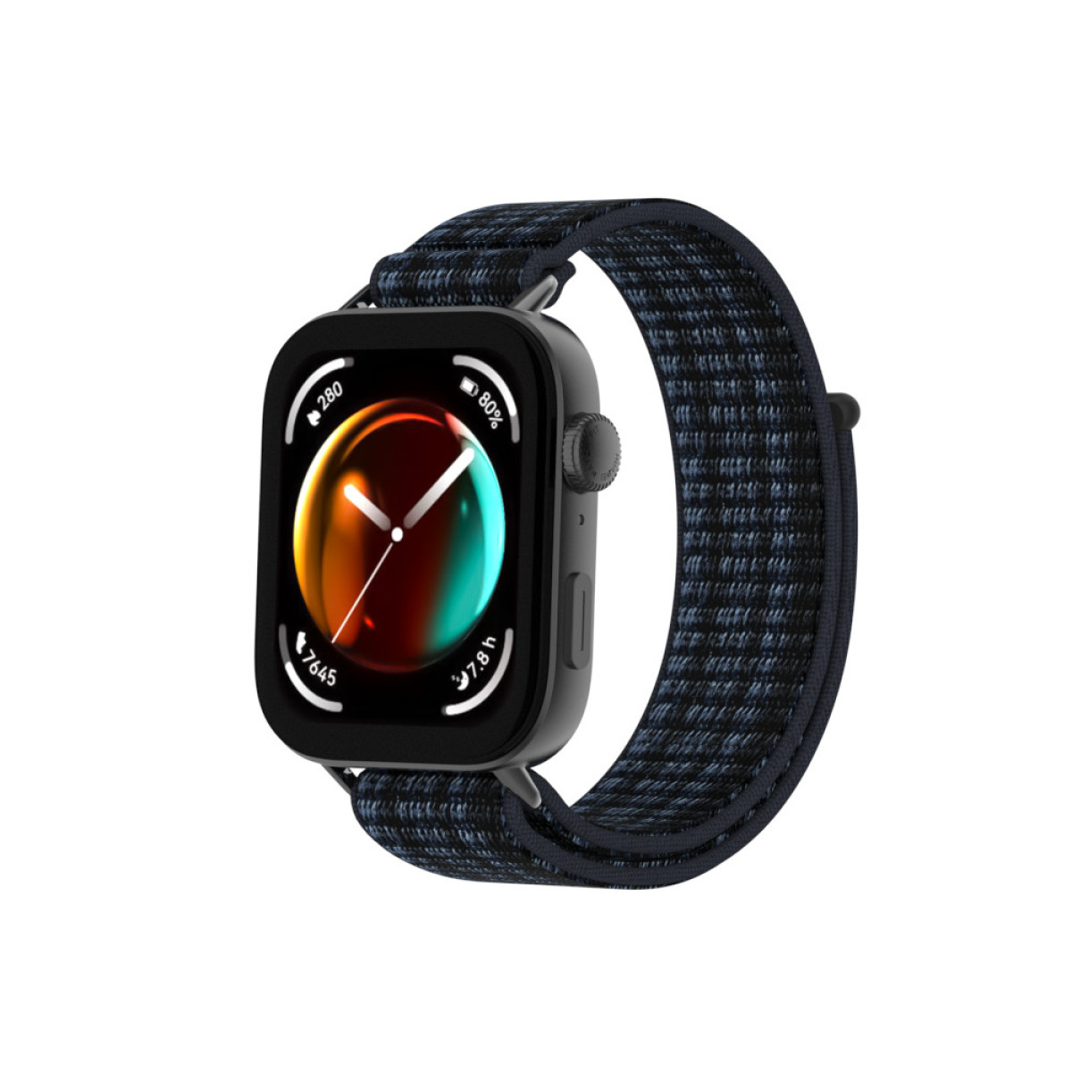 Uno smartwatch nero con un cinturino intrecciato nero e blu che mostra un quadrante colorato.