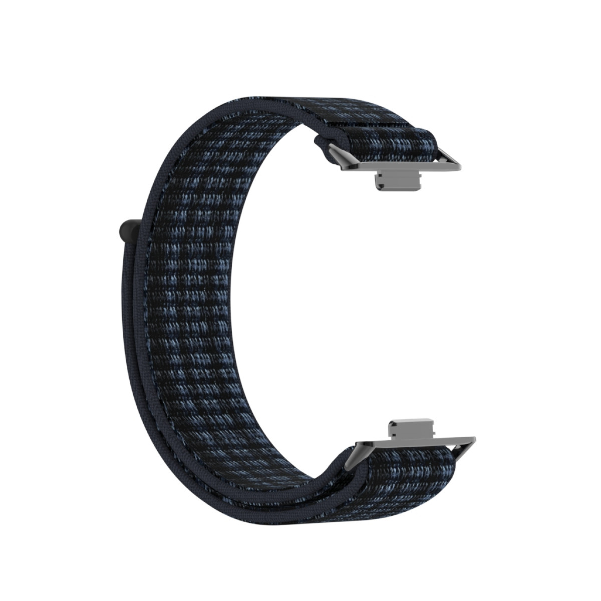 Un cinturino per orologio intrecciato nero e blu con chiusure in metallo su sfondo bianco.