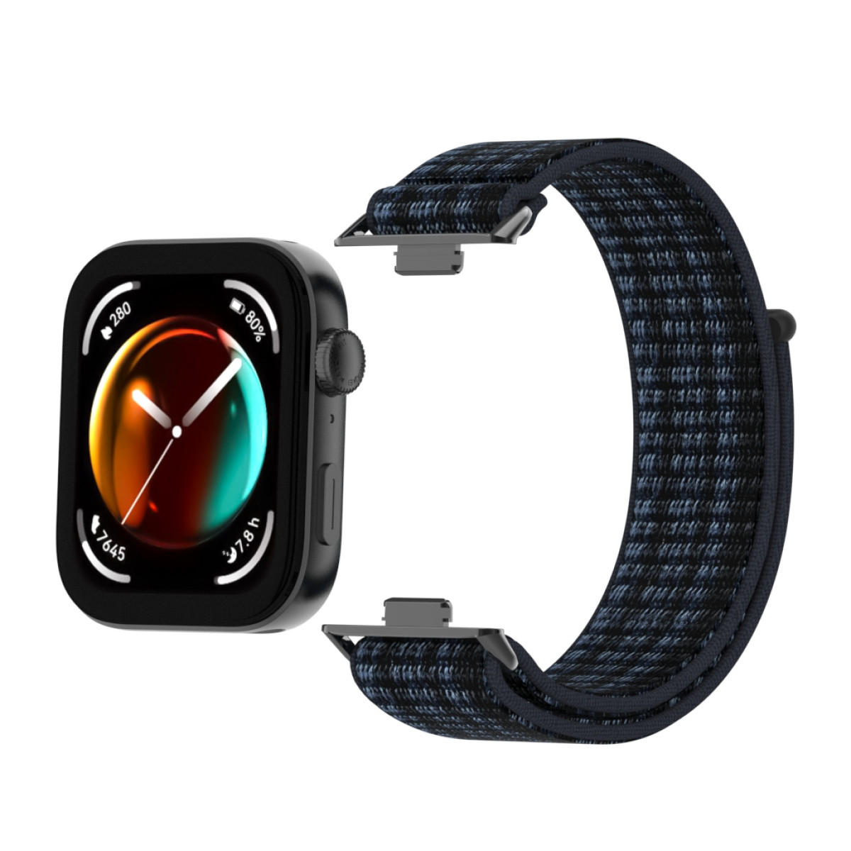 Uno smartwatch nero con un cinturino intrecciato nero e blu, accanto al cinturino non attaccato.