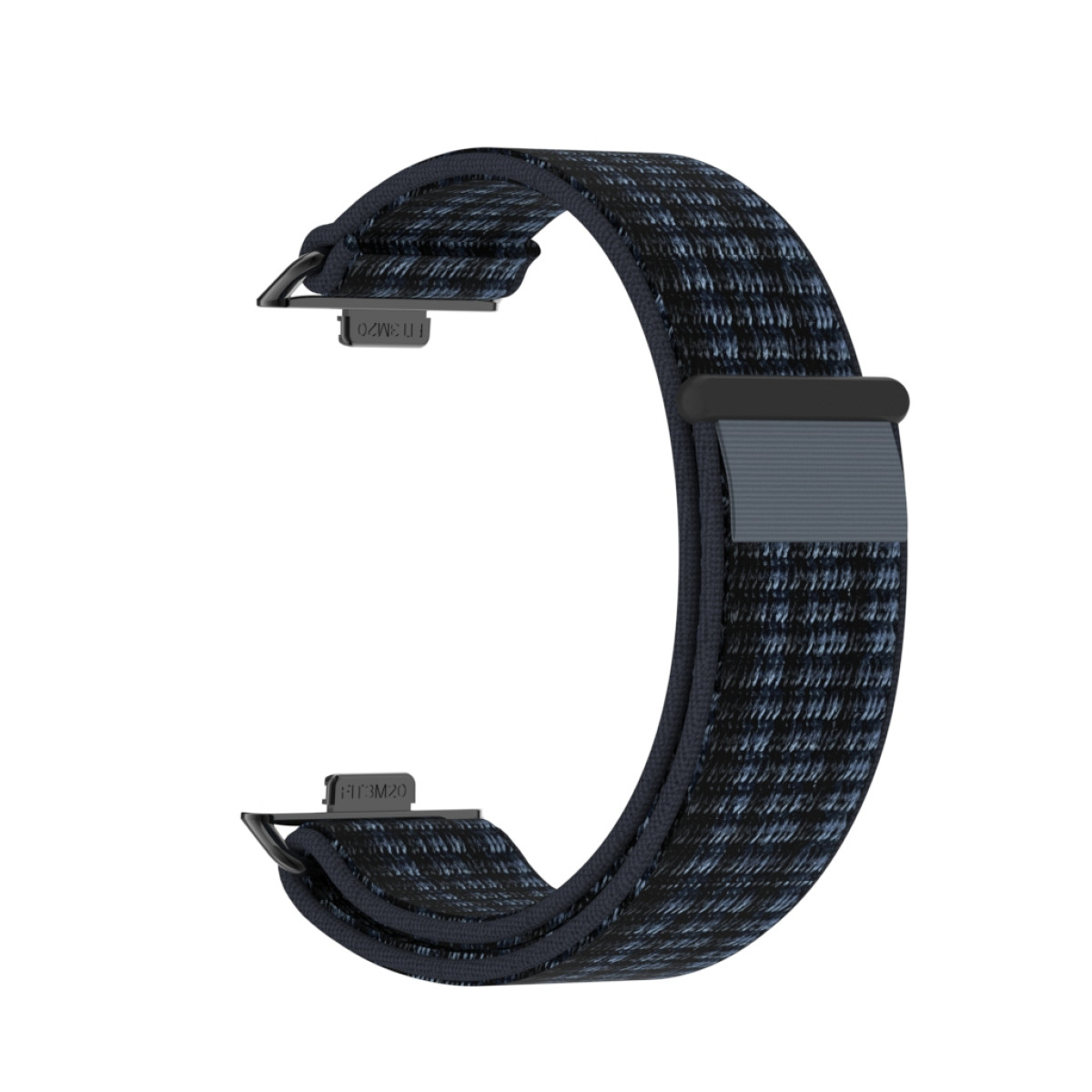 Un cinturino per orologio intrecciato nero e blu con chiusure in metallo su sfondo bianco.