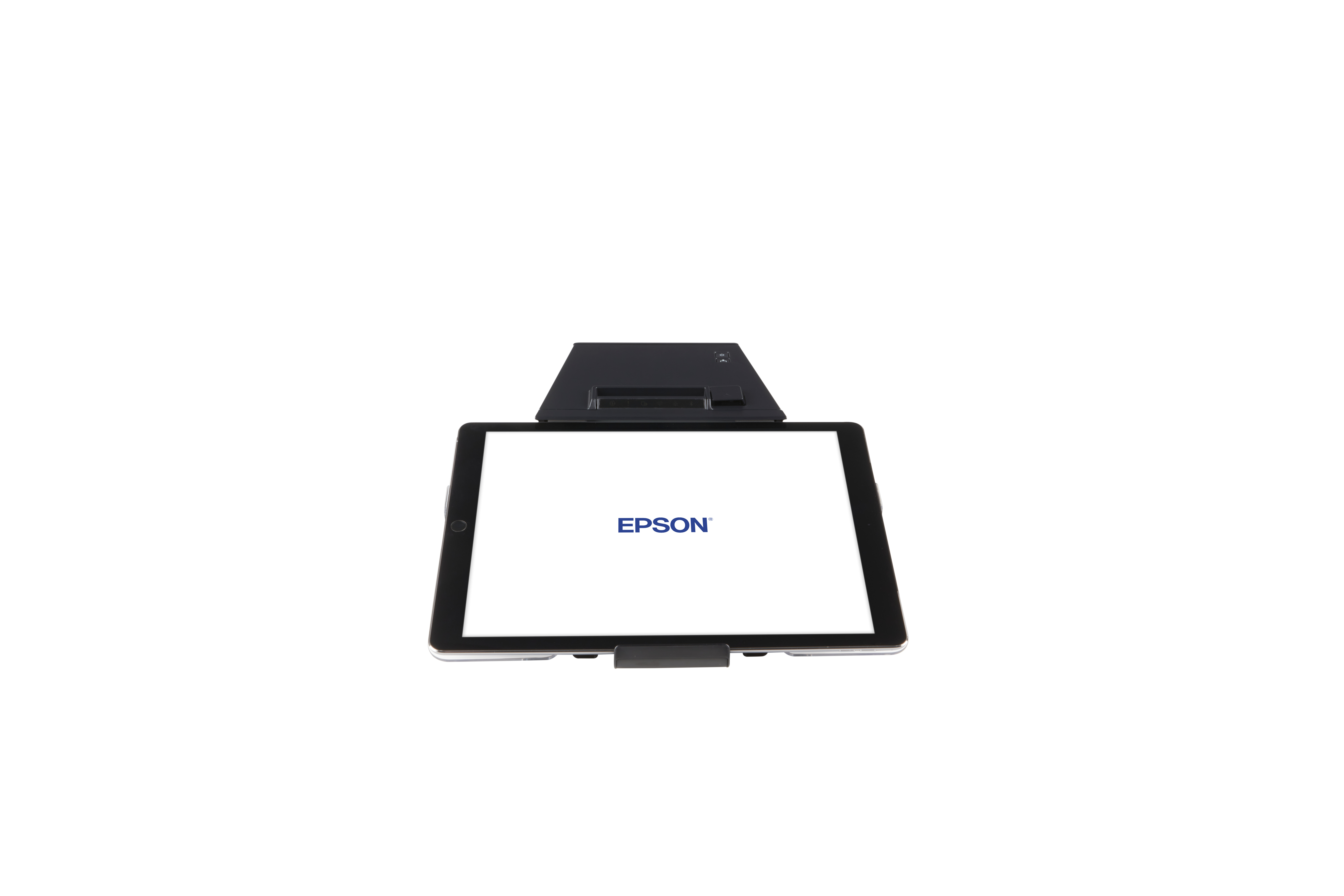 Czarna drukarka i tablet Epson są wyśrodkowane na białym tle.