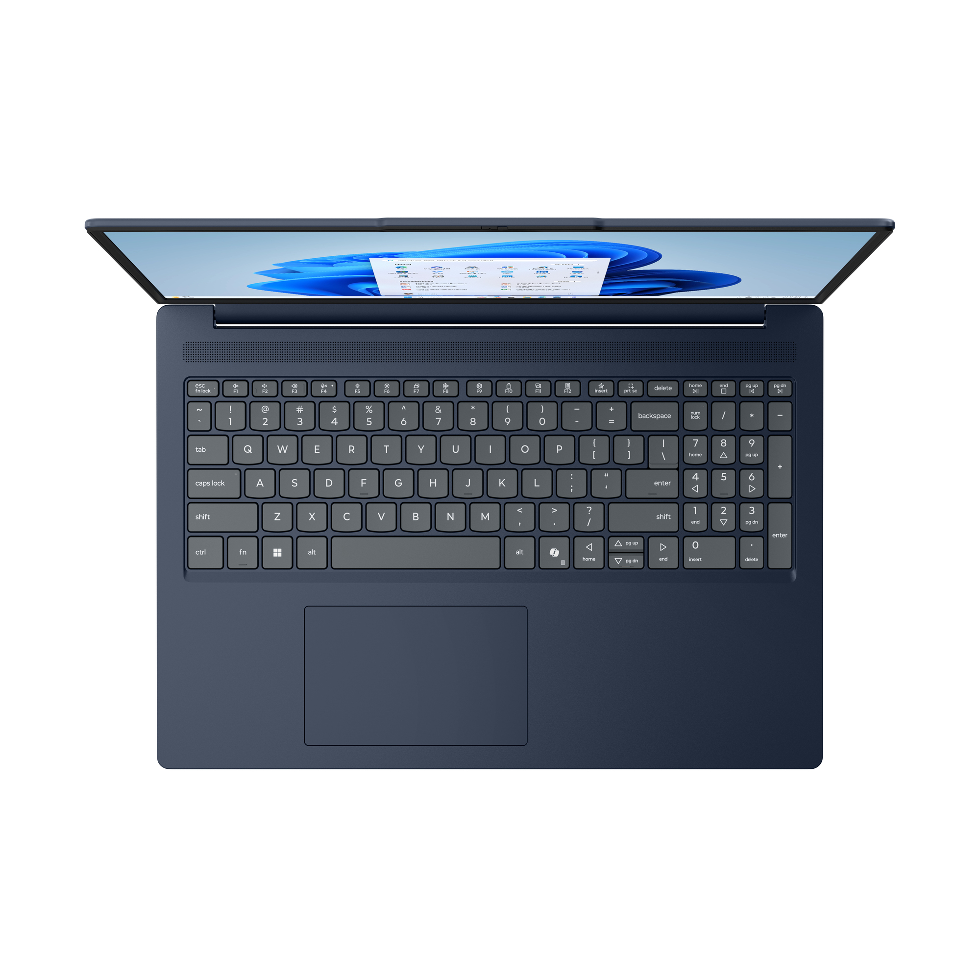 Beyaz bir arka plan üzerinde Windows 11 ekranı görüntüleyen açık, mavi bir dizüstü bilgisayarın yukarıdan çekilmiş fotoğrafı.