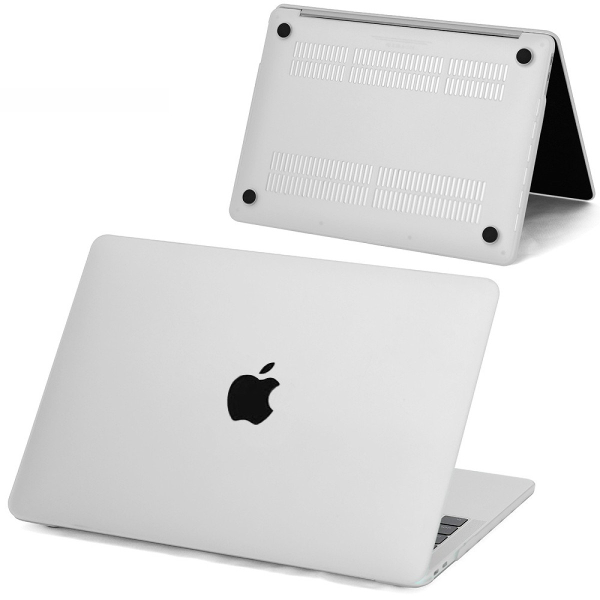 Zwei silberne Laptops, einer leicht geöffnet, beide mit einem schwarzen Apple-Logo, auf einem weißen Hintergrund.