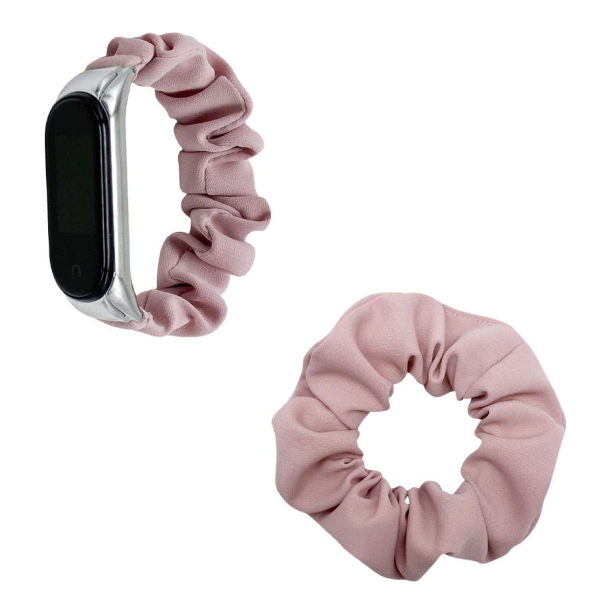 Zwei Gegenstände. Eine Smartwatch mit Scrunchie-Band und ein einzelnes passendes Scrunchie, beide pink.