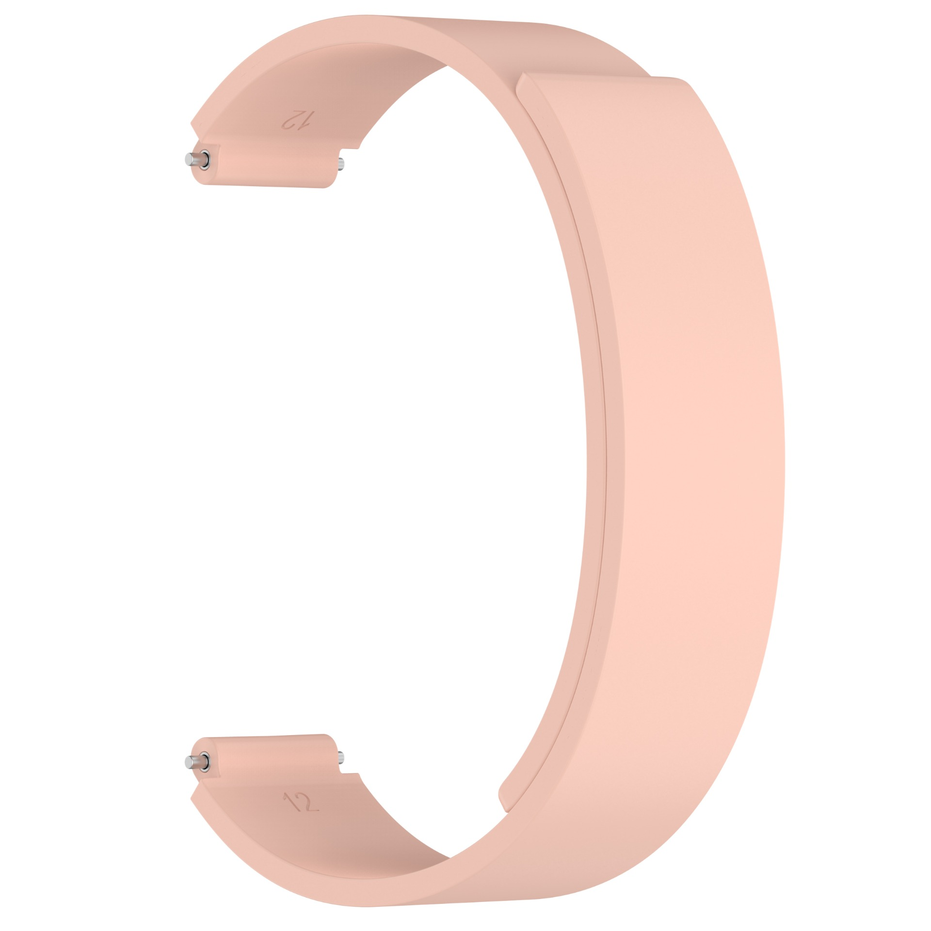 Un cinturino rosa chiaro, a forma di C, con perni argentati ad ogni estremità per il fissaggio. Isolato su bianco.