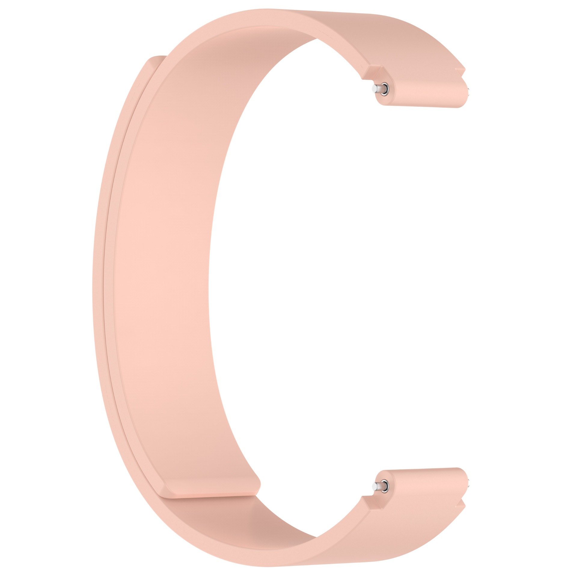 Un cinturino rosa chiaro, a forma di C, con perni argentati ad ogni estremità. Isolato su sfondo bianco.