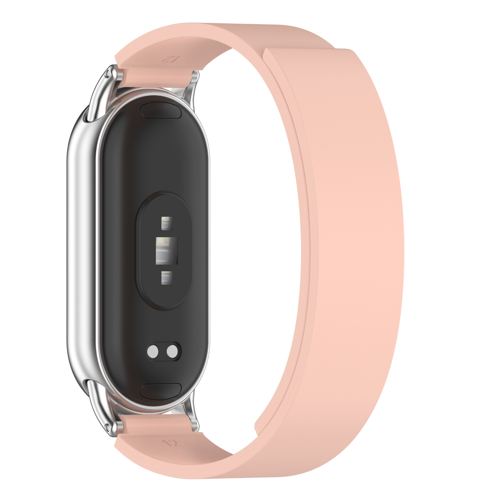 Vista posteriore dello smartwatch con cinturino rosa chiaro attaccato. L'orologio è argentato con superficie nera.