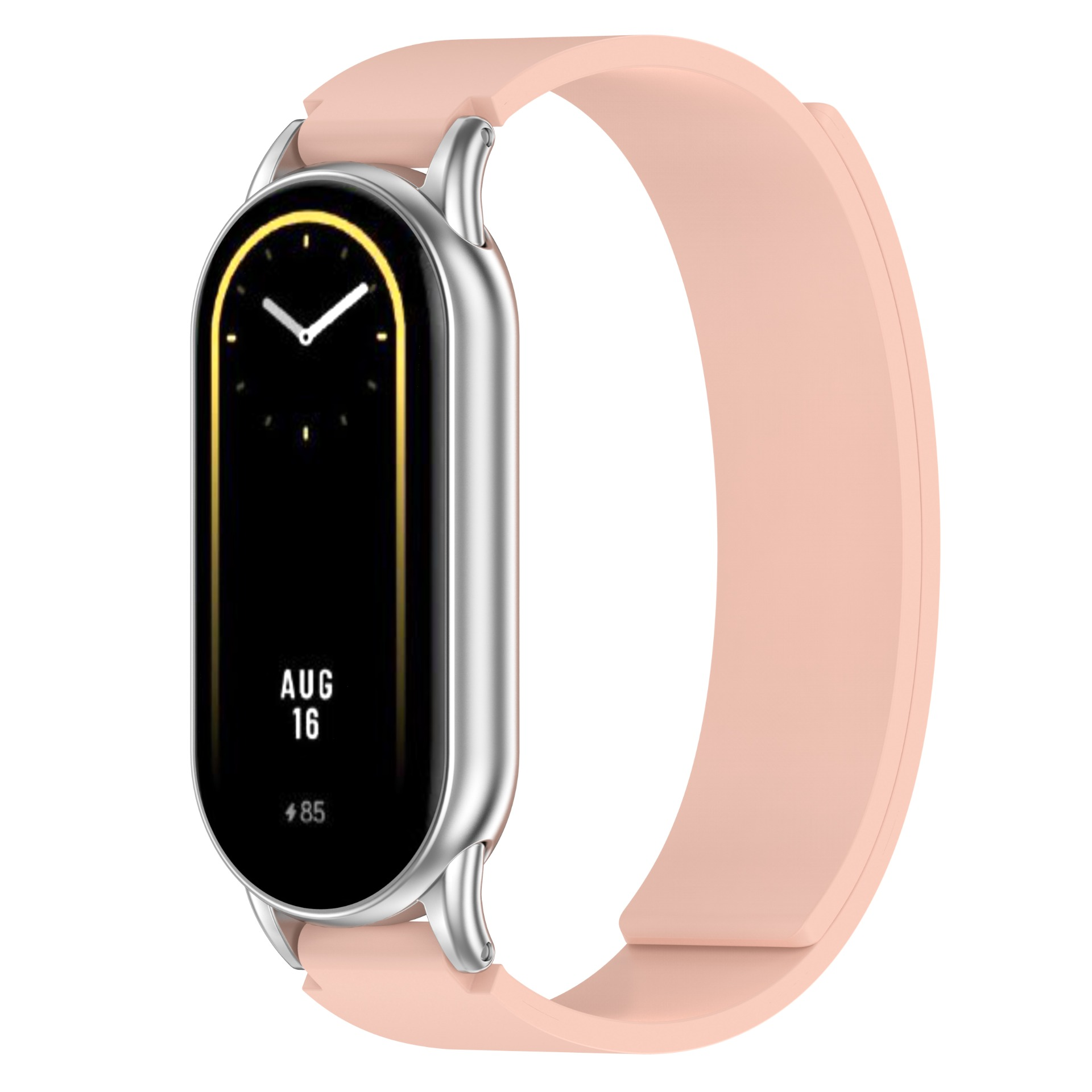 Smartwatch con cinturino rosa chiaro mostra data e ora. Corpo argentato, schermo nero, l'orologio è angolato.