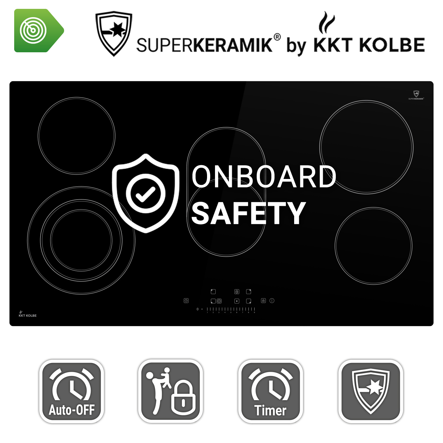 Ein schwarzes Induktionskochfeld mit verschiedenen Sicherheitsmerkmal-Symbolen und dem Wort 'ONBOARD SAFETY'.