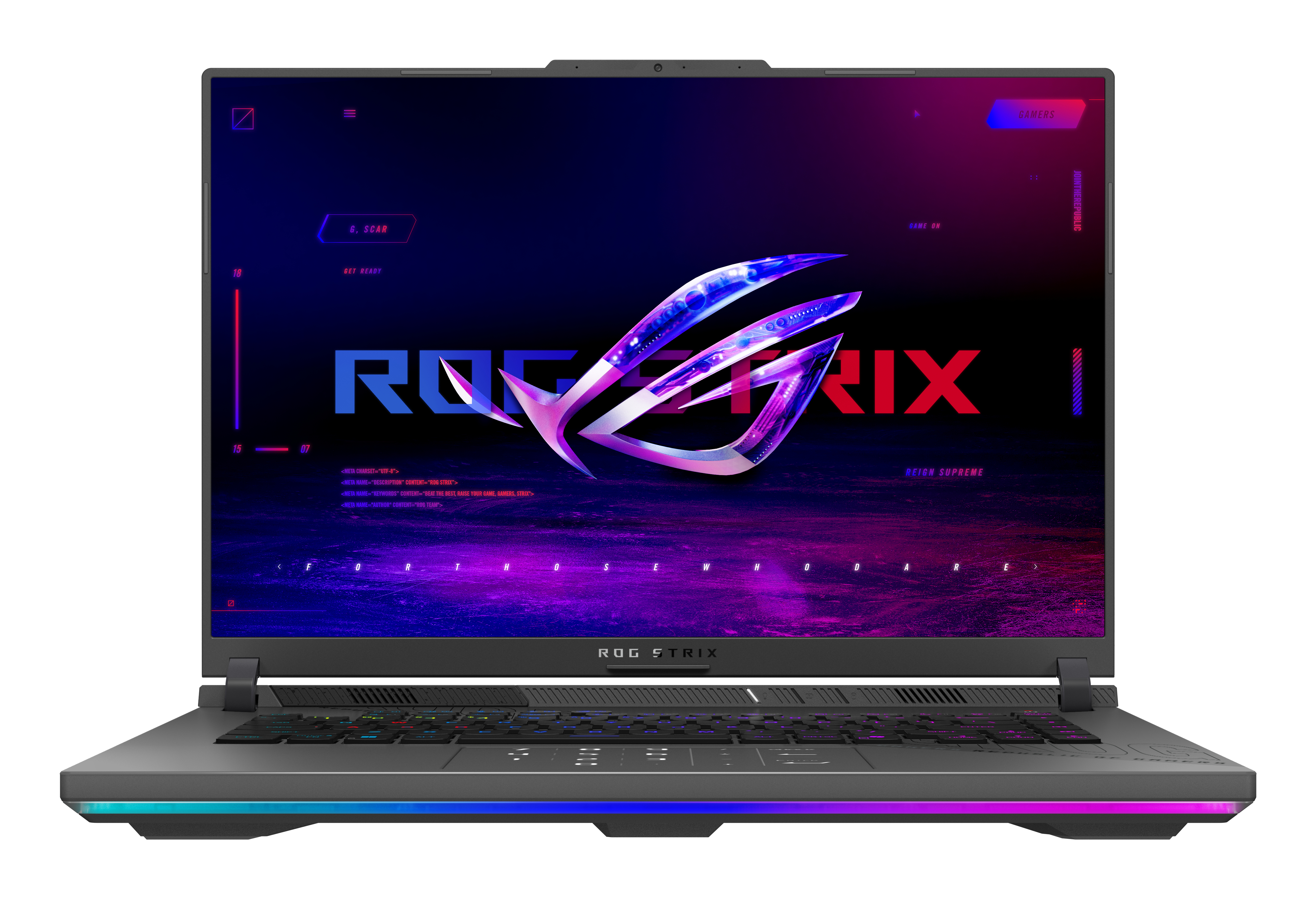 Laptop ROG Strix, abierto, mostrando el logo ROG en la pantalla.