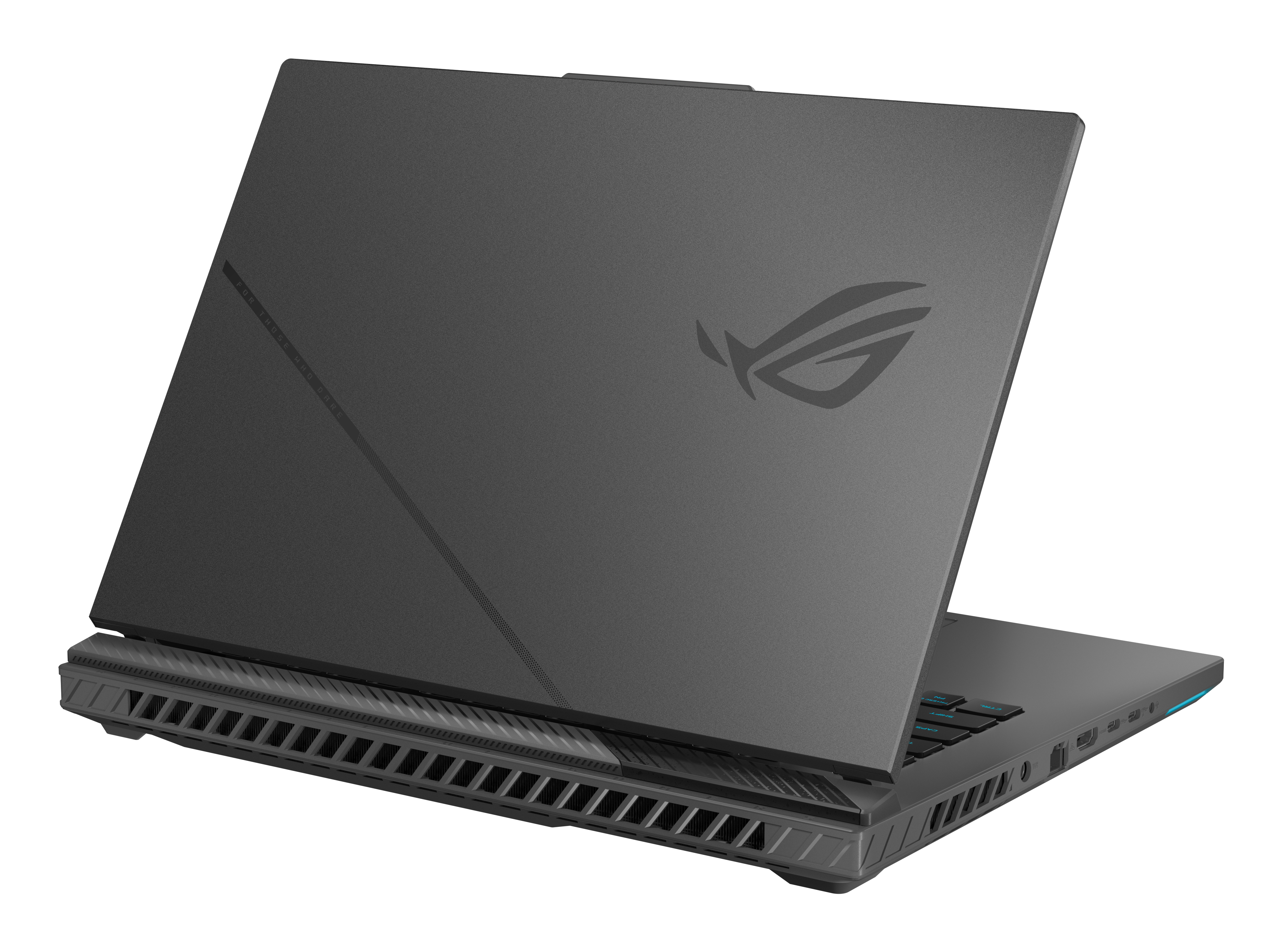 Laptop ROG, cerrado, vista trasera, logo ROG visible.