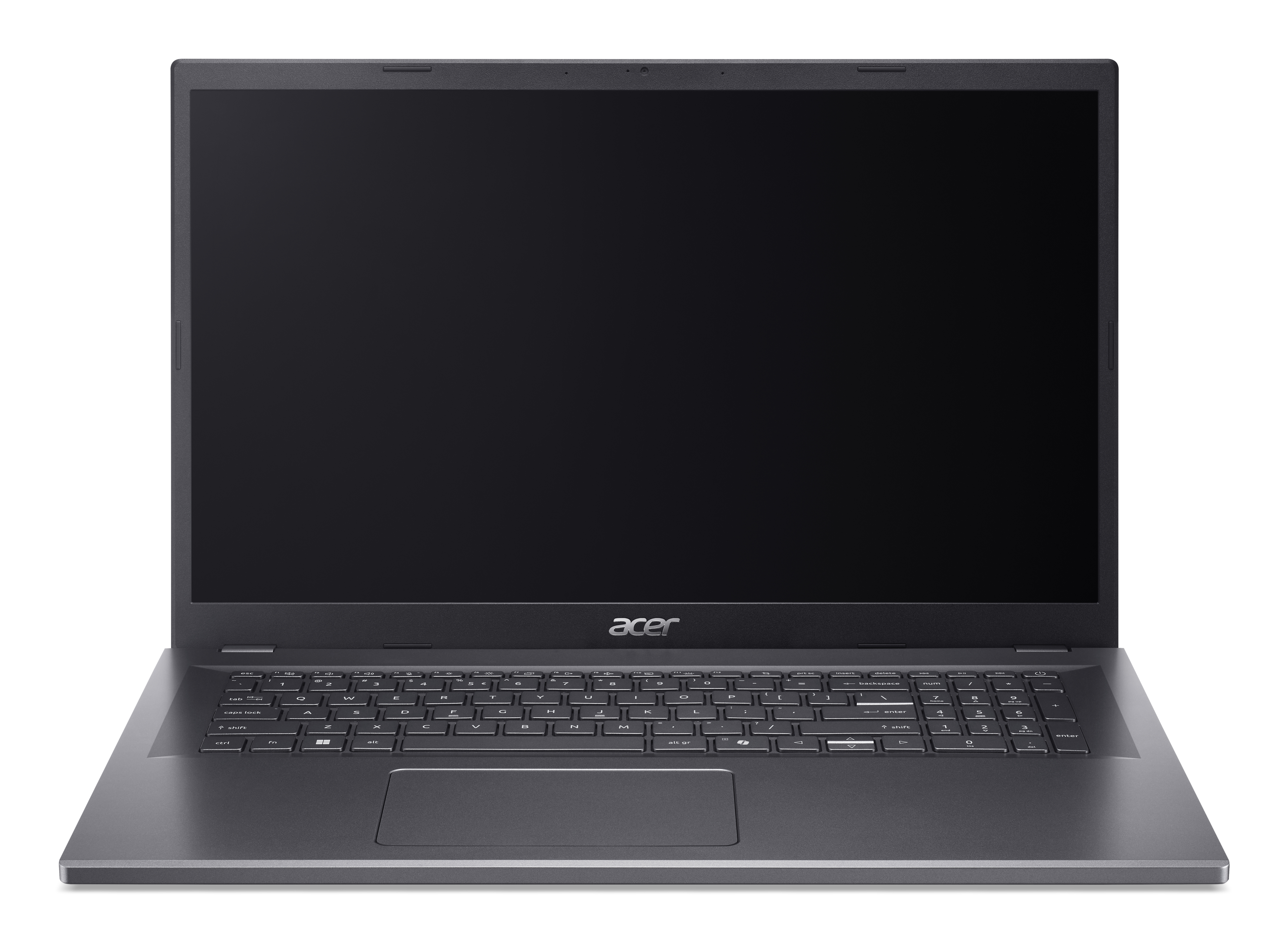 Ein silberner Acer-Laptop ist geöffnet und zeigt einen leeren Bildschirm und eine Tastatur auf einem weißen Hintergrund.