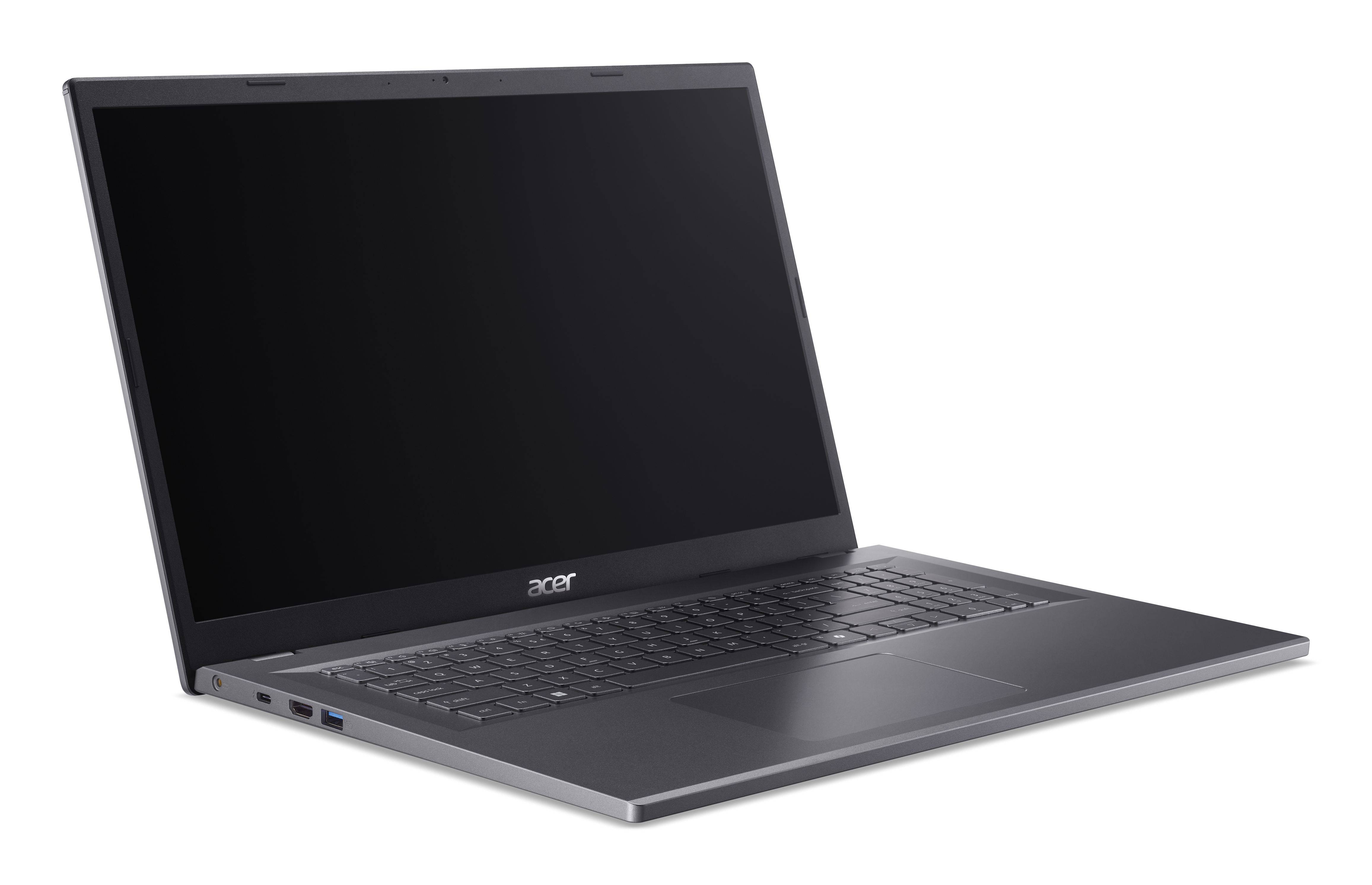 Ein silberner Acer-Laptop ist geöffnet und abgewinkelt und zeigt einen leeren Bildschirm und eine Tastatur auf einem weißen Hintergrund.