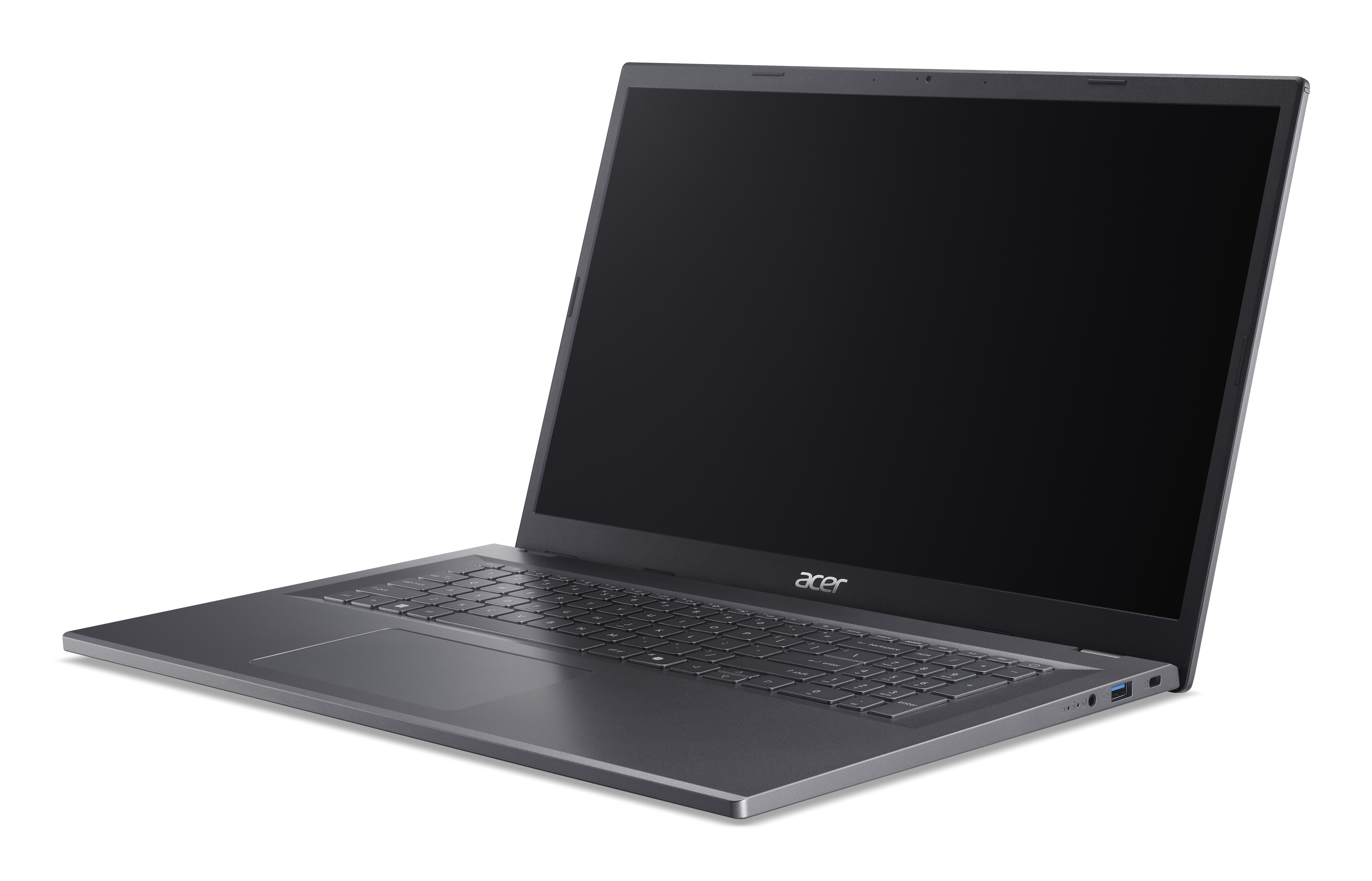 Ein silberner Acer-Laptop ist geöffnet und abgewinkelt und zeigt einen leeren Bildschirm und eine Tastatur auf einem weißen Hintergrund.