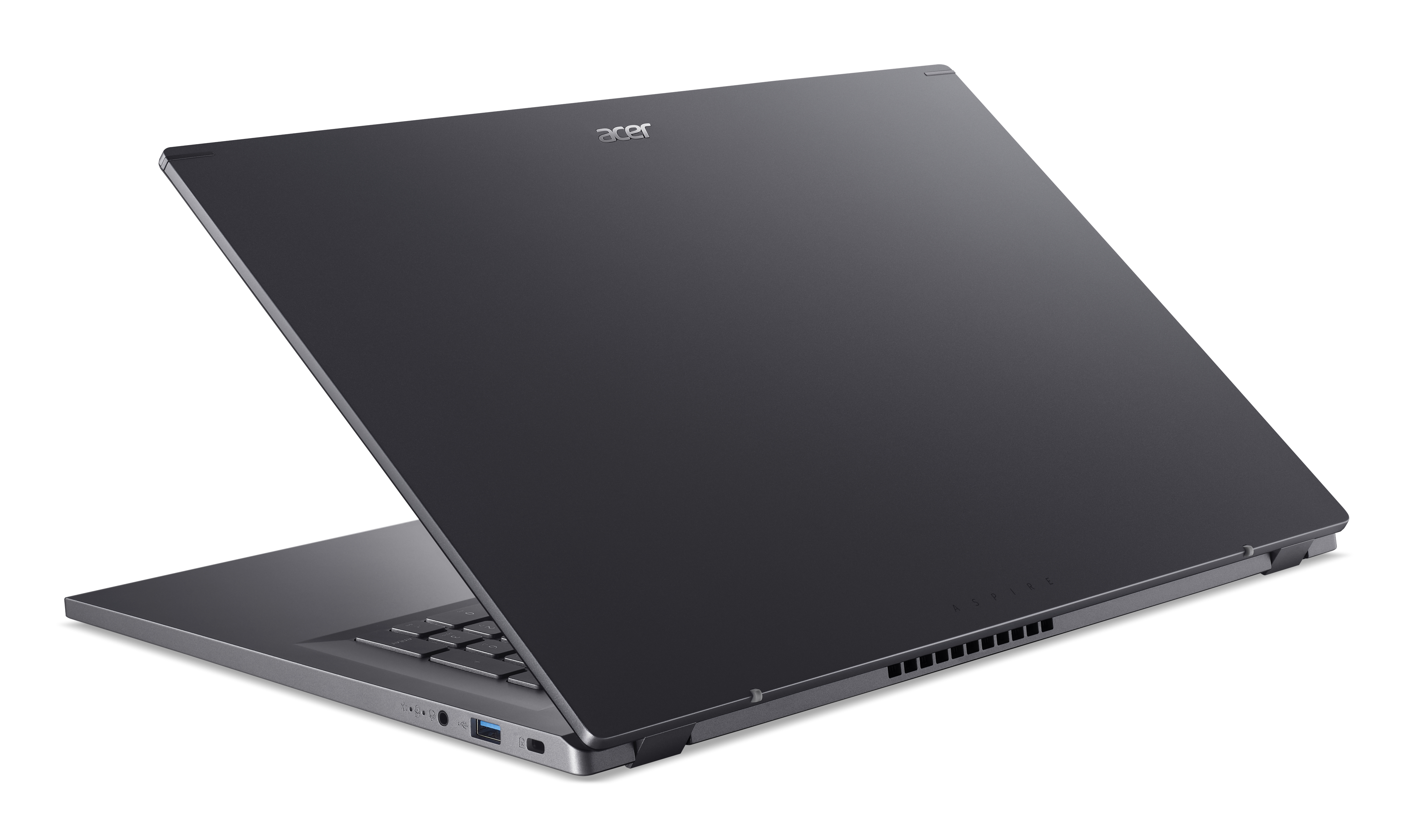 Dunkelgrauer Laptop ist leicht geöffnet, zeigt Bildschirm und Tastatur, auf weißem Hintergrund.