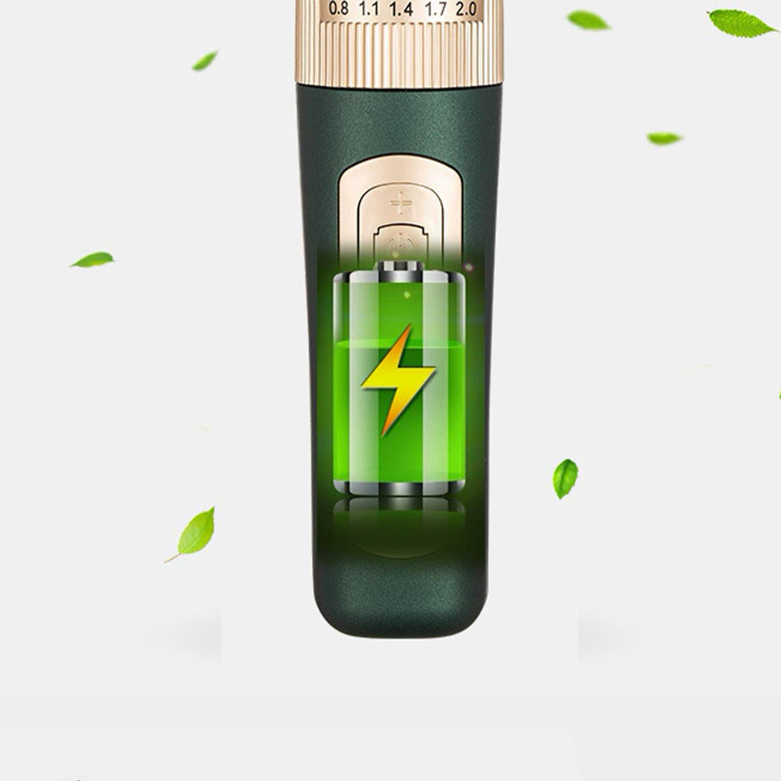Nahaufnahme des Einschaltknopfes eines Tierhaarschneiders mit einem Blitz-Batterieanzeiger.