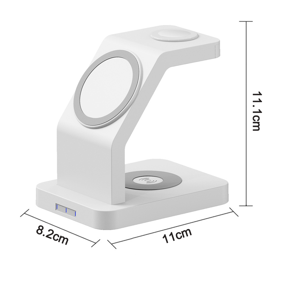 Eine weiße Ladestation mit den Maßen: 11,1 cm hoch, 8,2 cm breit und 11 cm lang.