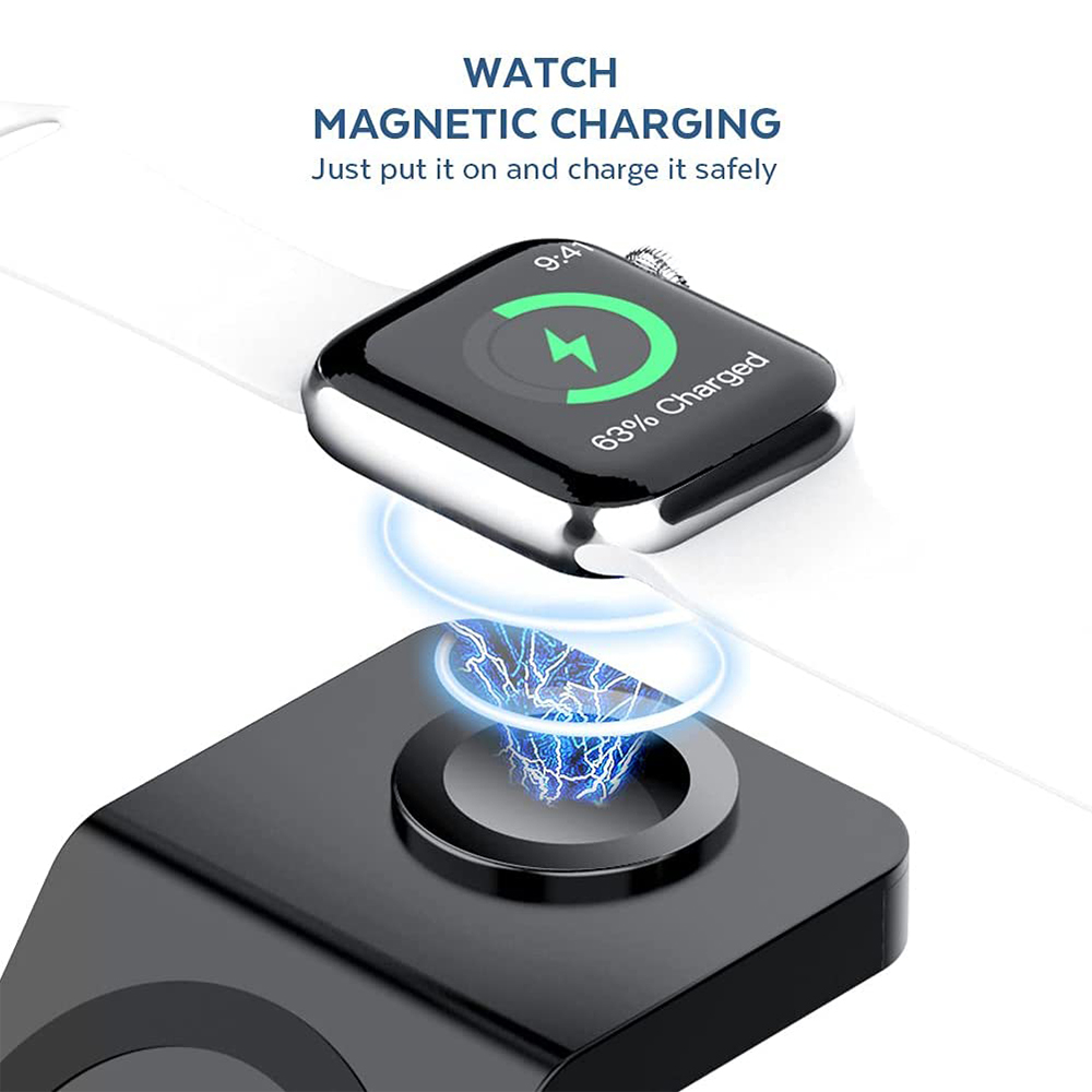 Eine Smartwatch, die auf einer schwarzen Station geladen wird, mit blauem Energiefluss und dem Text '63% Charged'.