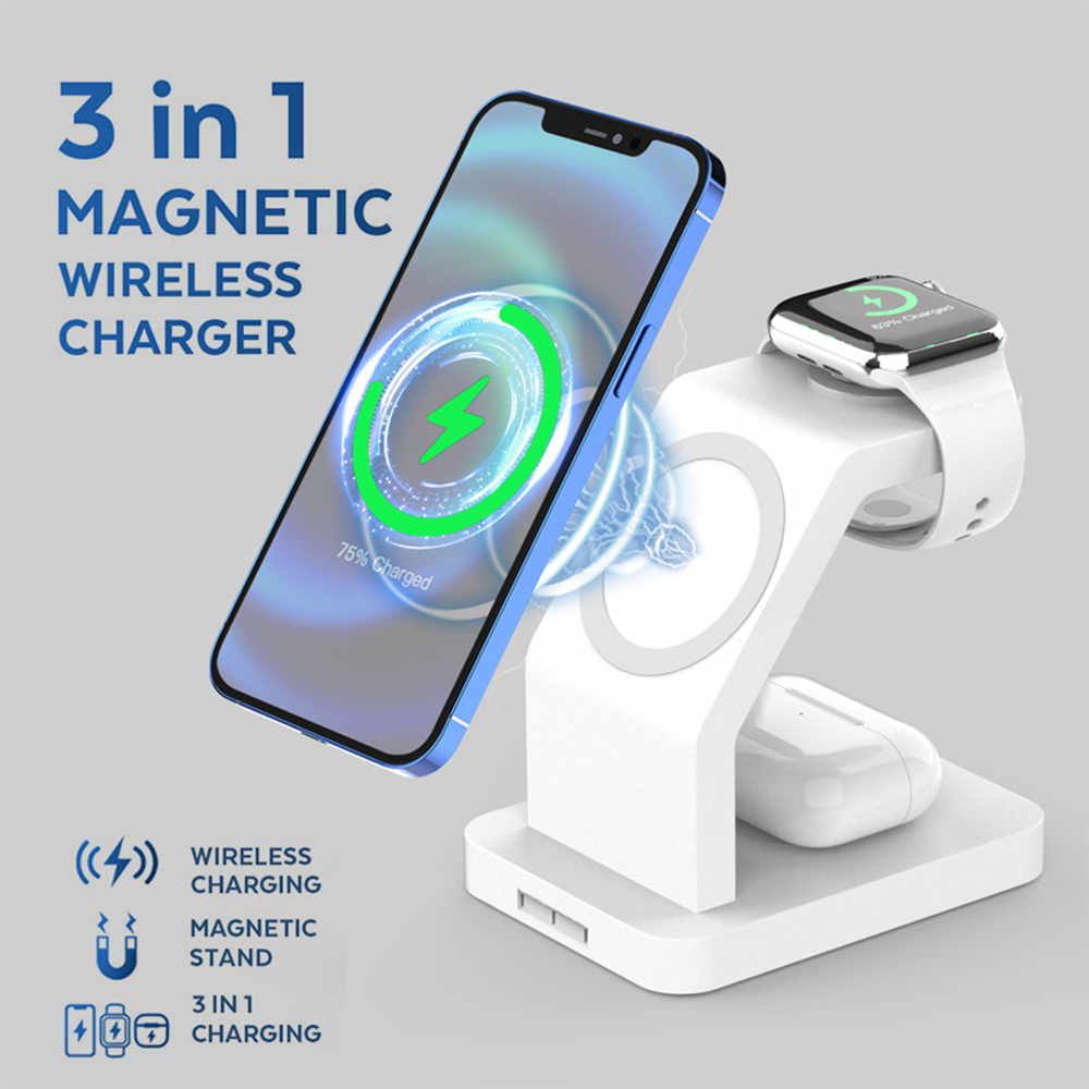 Ein weißes 3-in-1 magnetisches kabelloses Ladegerät mit Telefon, Uhr und Ohrhörern. Das Telefon ist blau mit Ladesymbol.