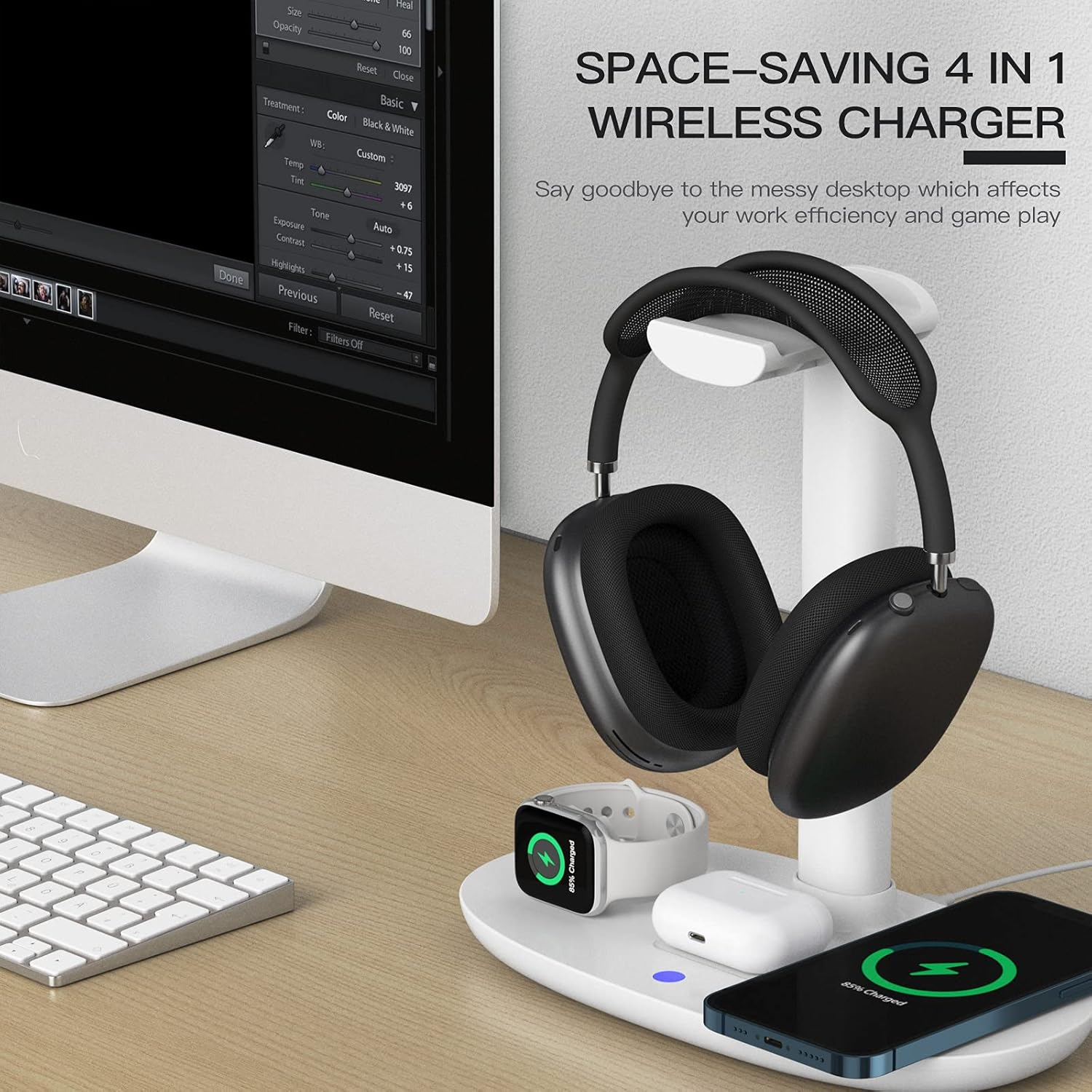 4-in-1 kabelloses Ladegerät mit Kopfhörern, Telefon, Smartwatch und Ohrhörern. Schreibtisch mit Computer und Zubehör.