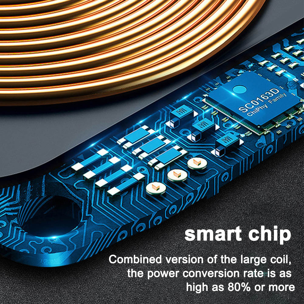 Nahaufnahme eines Smartchips mit Kupferspule, blauen Schaltkreisen und Text auf dunklem Hintergrund.