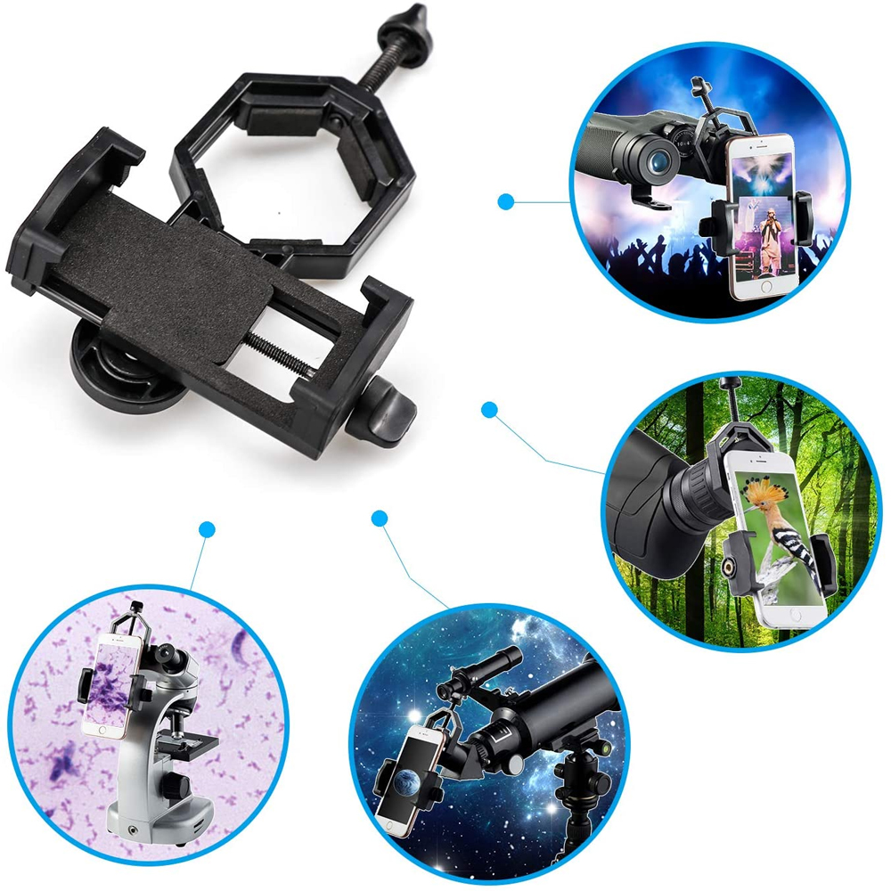 Mikroskop-Telefonadapter mit Anwendungsbeispielen, einschließlich Konzert und Natur.