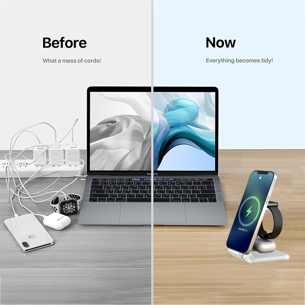Geteiltes Bild, das unordentliche Kabel vs. organisierte Ladestation mit Telefon und Uhr zeigt.