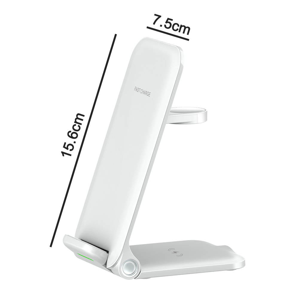 Ein weißer kabelloser Ladeständer mit den Abmessungen 15,6 cm Höhe und 7,5 cm Breite.
