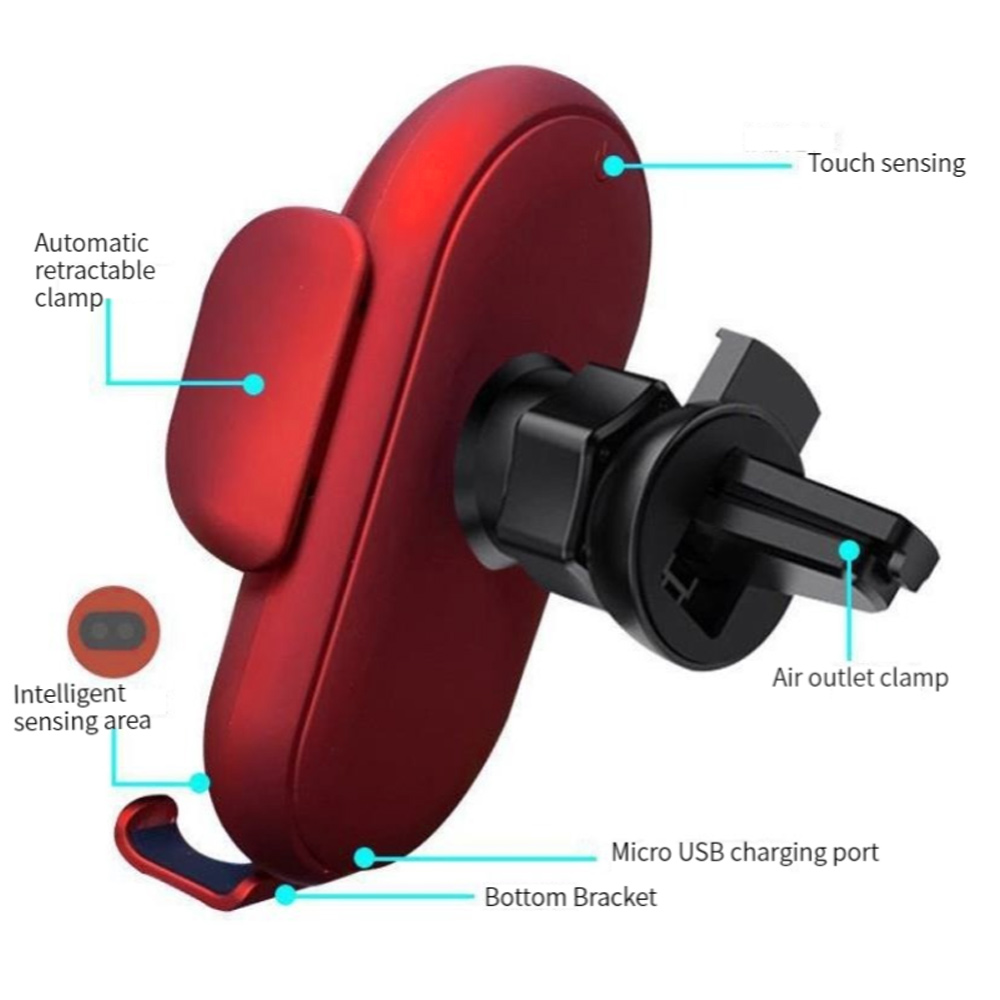 Detailansicht eines roten Telefonhalters mit Funktionen wie Berührungserkennung und Lüftungsschlitzklemme.