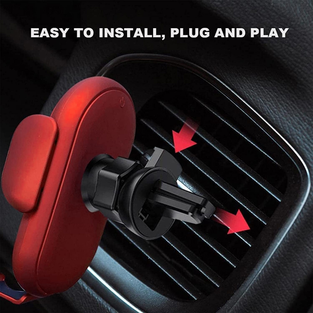 Roter Telefonhalter, der in den Lüftungsschlitz eines Autos eingebaut wird und die einfache Plug-and-Play-Einrichtung demonstriert.