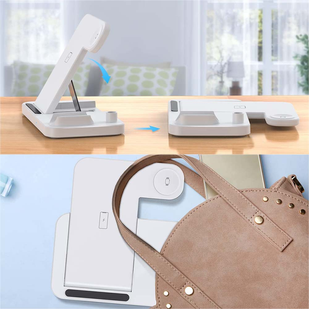 Eine weiße Ladestation lässt sich zusammenklappen und passt in eine Handtasche.